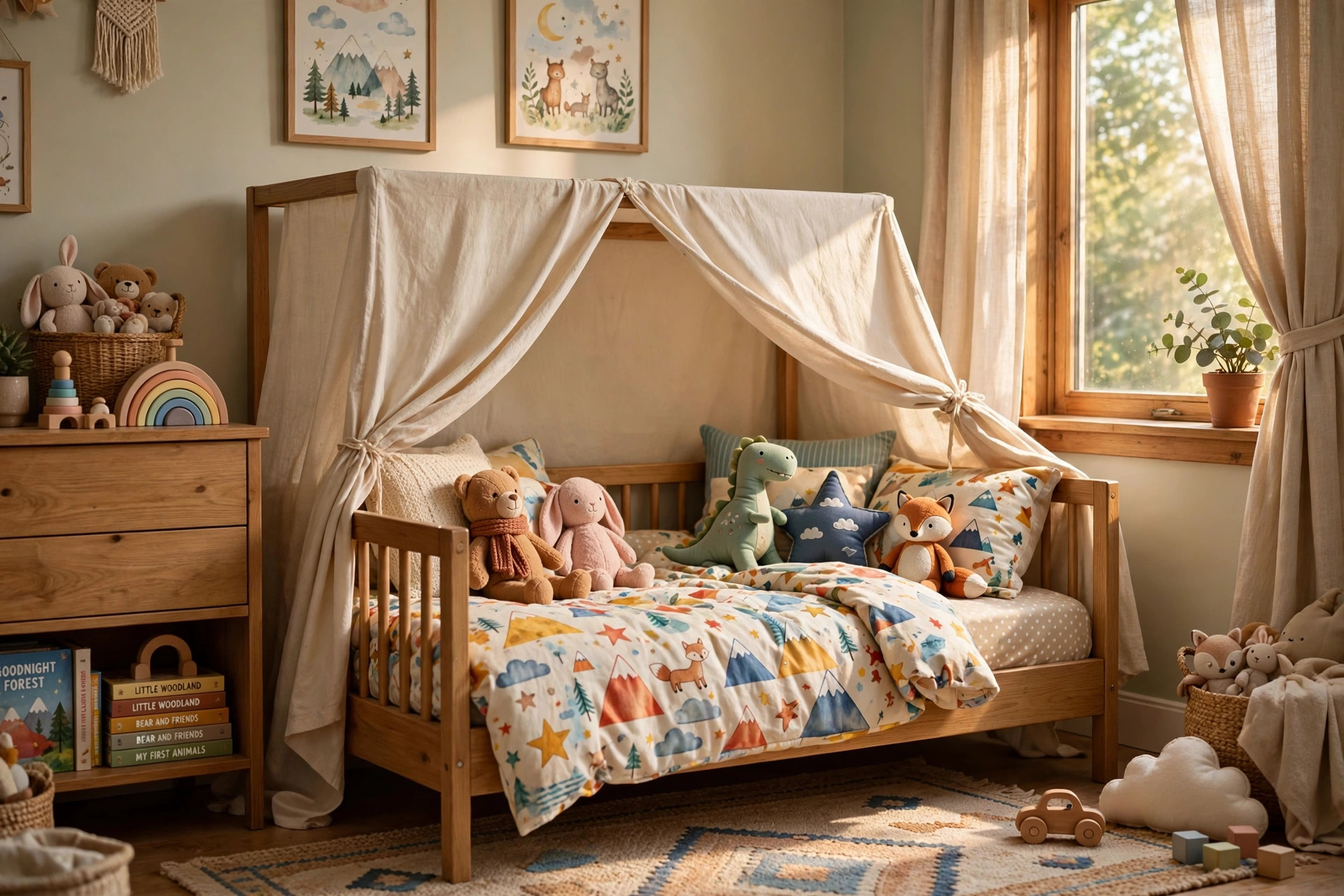 Toddler bed with tent canopy for imagination in a cozy child bedroom