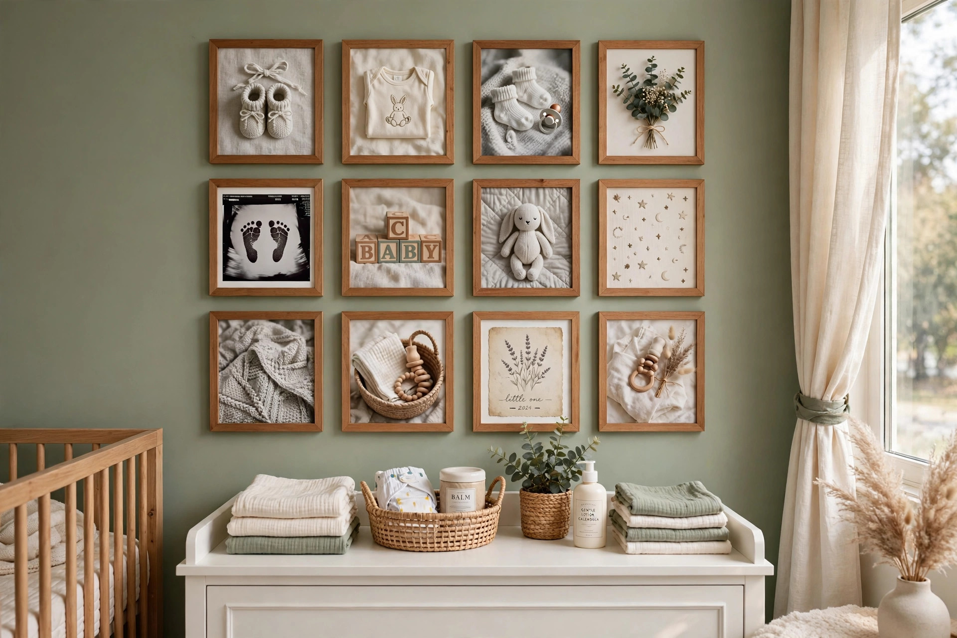 Nursery wall frame gallery for baby photos above a changing table