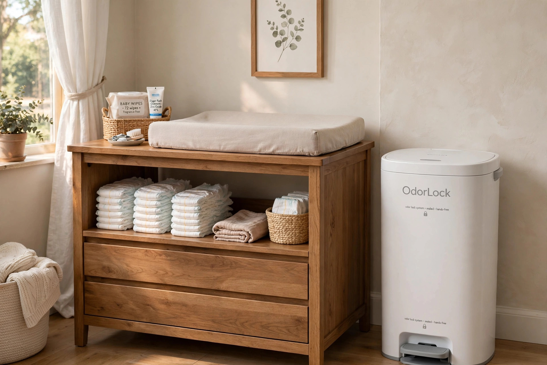 Nursery diaper pail with odor lock system next to a changing table