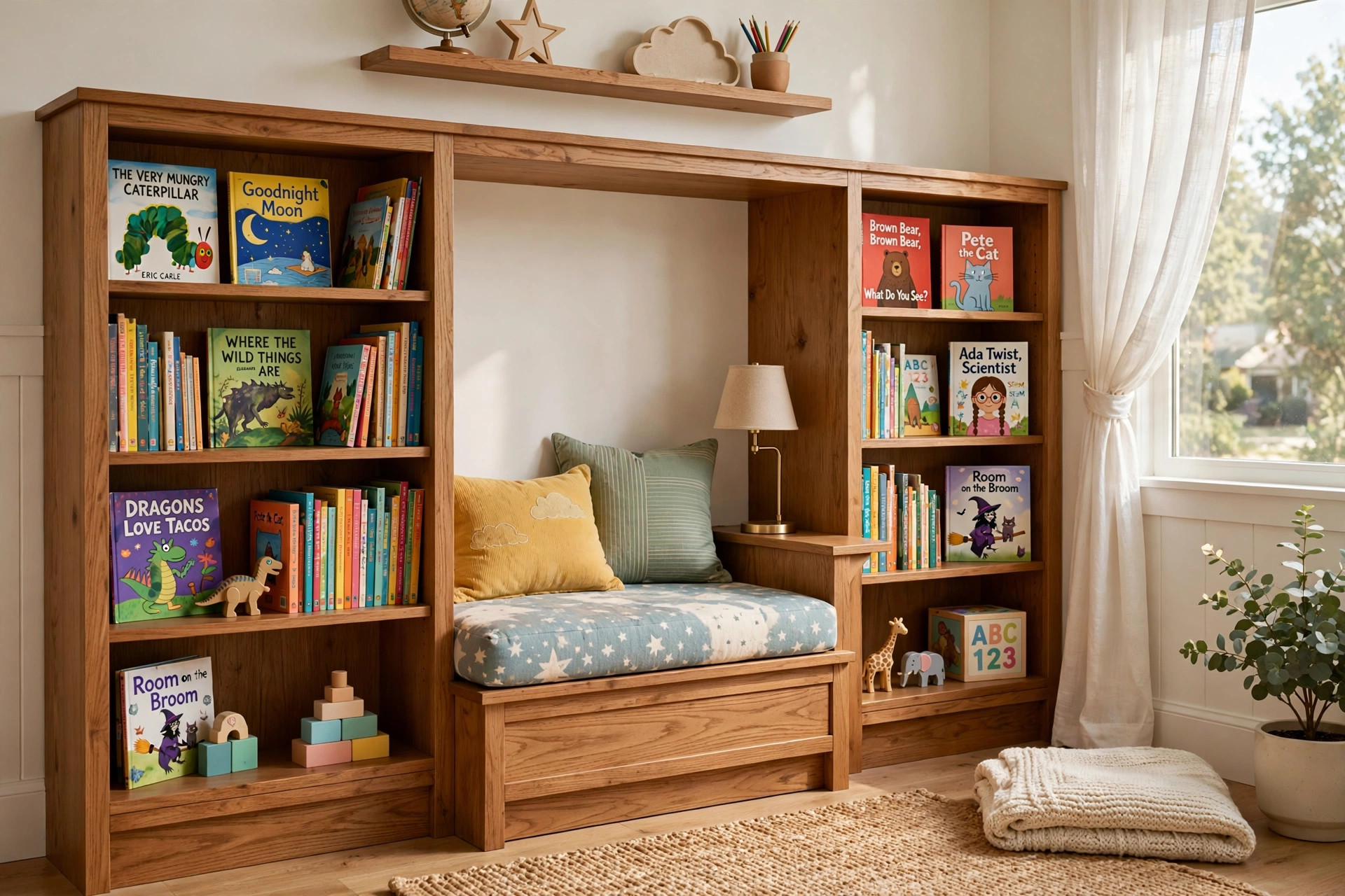 best kids bookshelf with reading nook: A wooden kids bookshelf with a cozy reading nook in a bright child bedroom