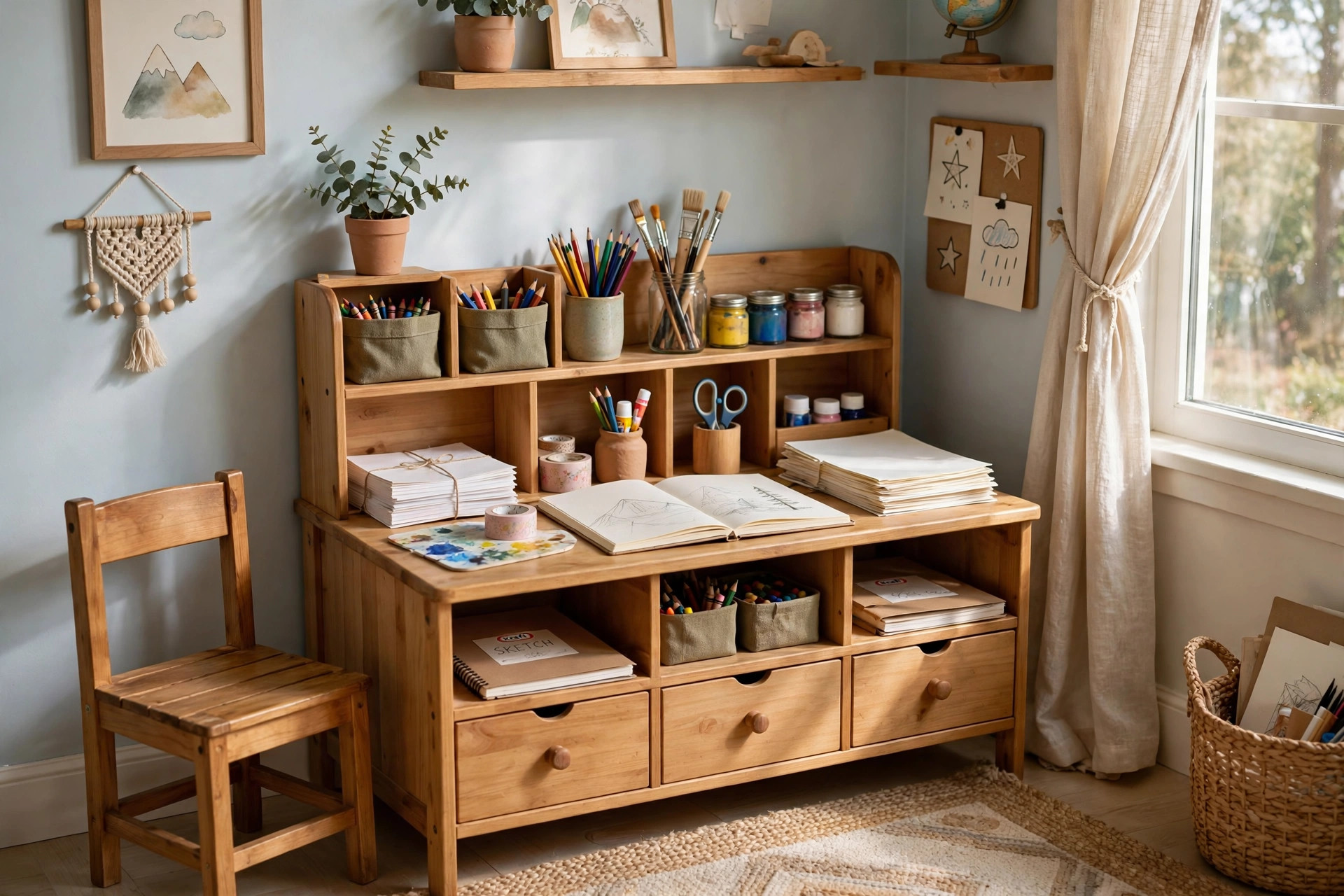 A kids desk with storage for art supplies in a bright children's bedroom