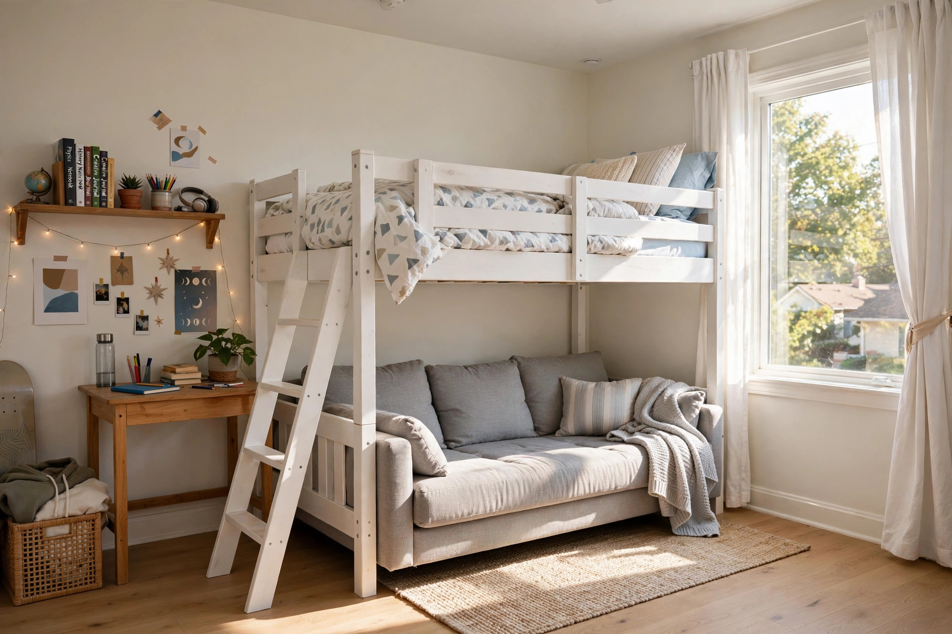 Kids loft bed with futon underneath teens in a bright bedroom