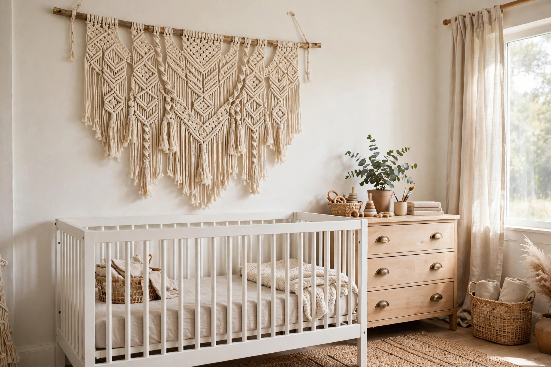 Handwoven nursery wall hanging macrame for boho decor above a crib