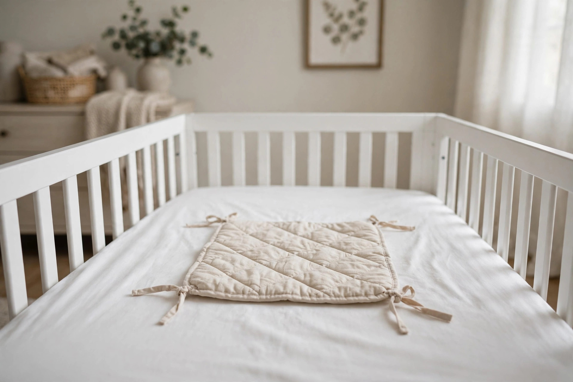 Crib sheet saver for quick diaper changes laid flat in a nursery crib