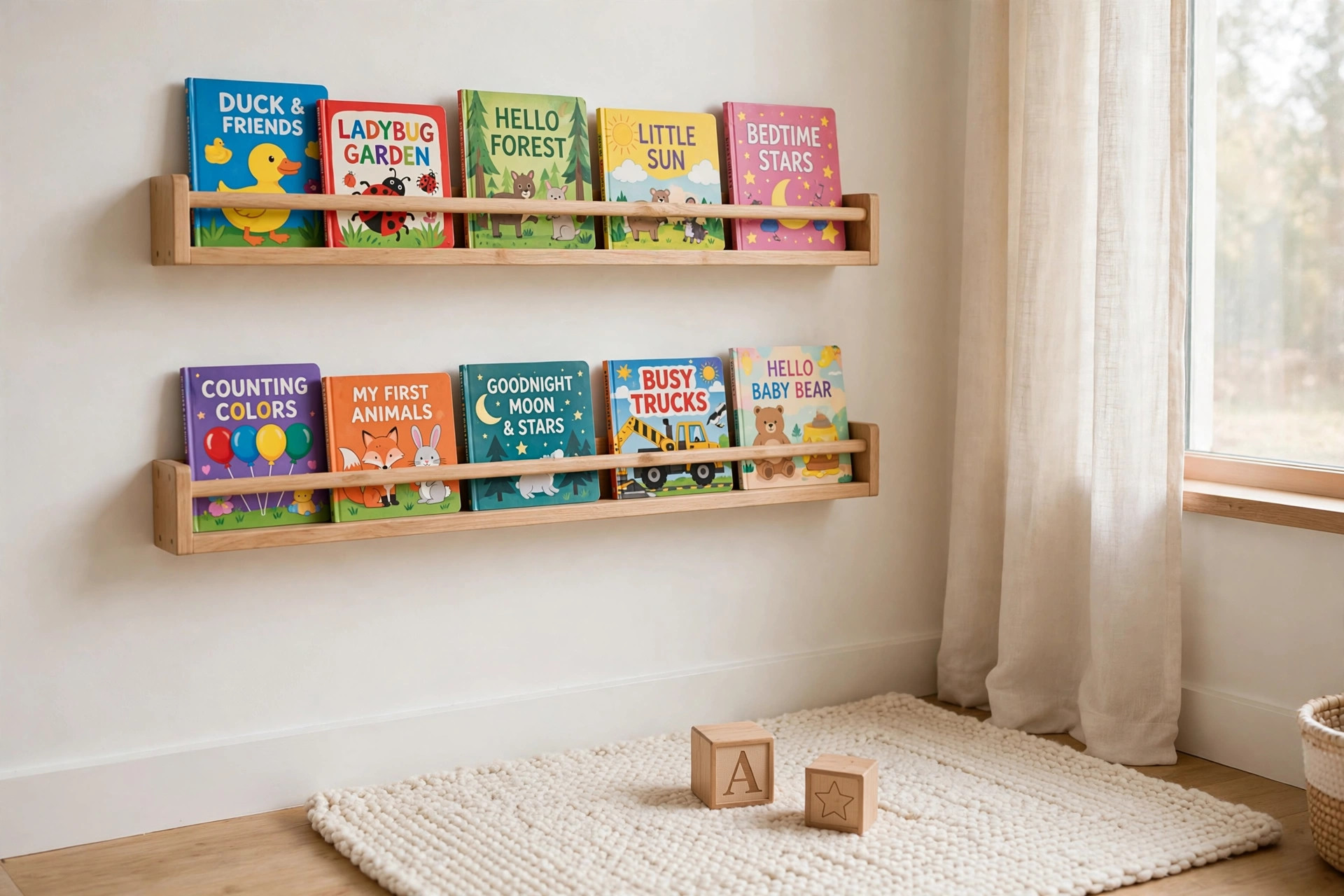 nursery bookshelf wall mounted for small space: Wall-mounted nursery bookshelf in a small nursery