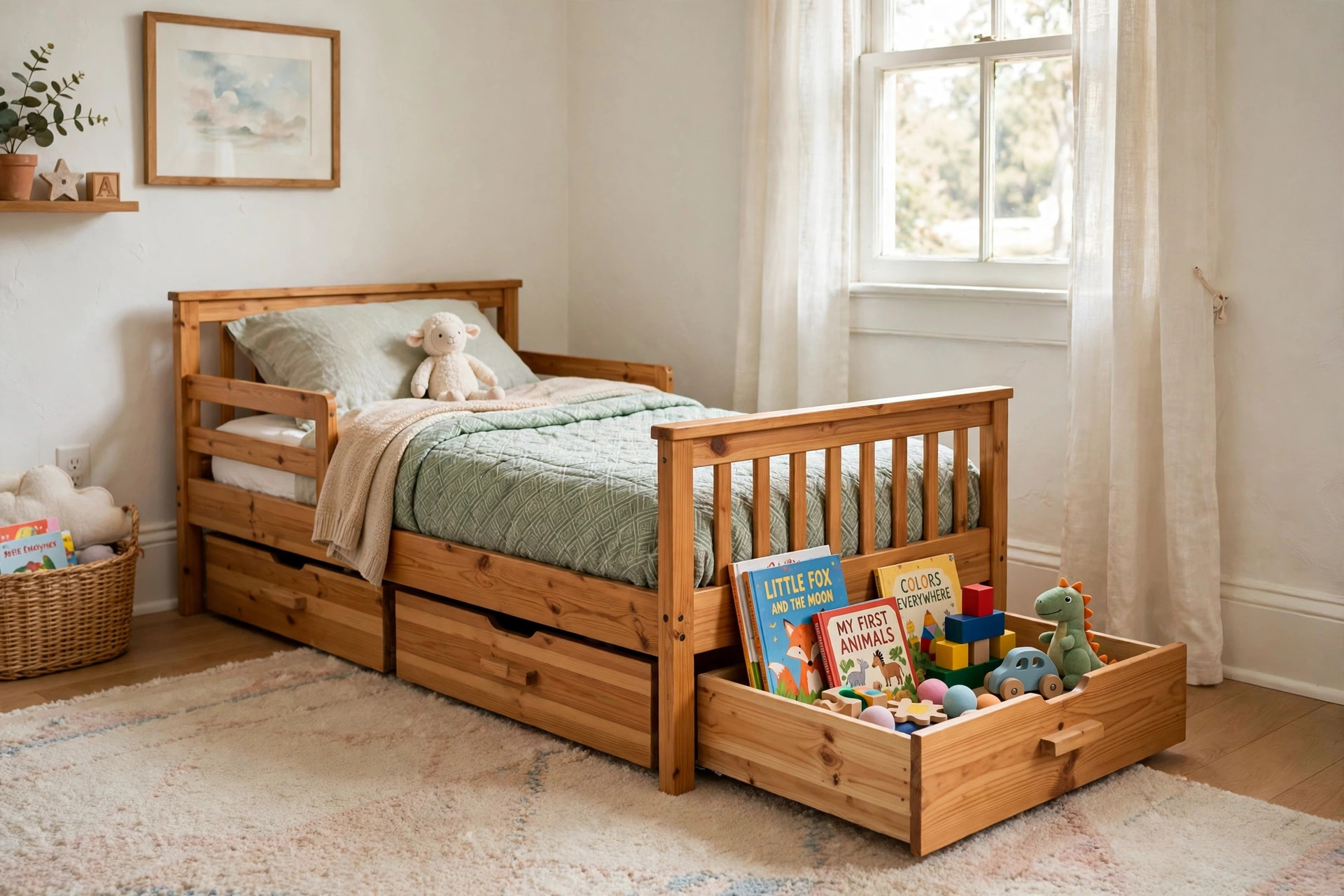 Best toddler bed with storage for toys in a bright child's bedroom