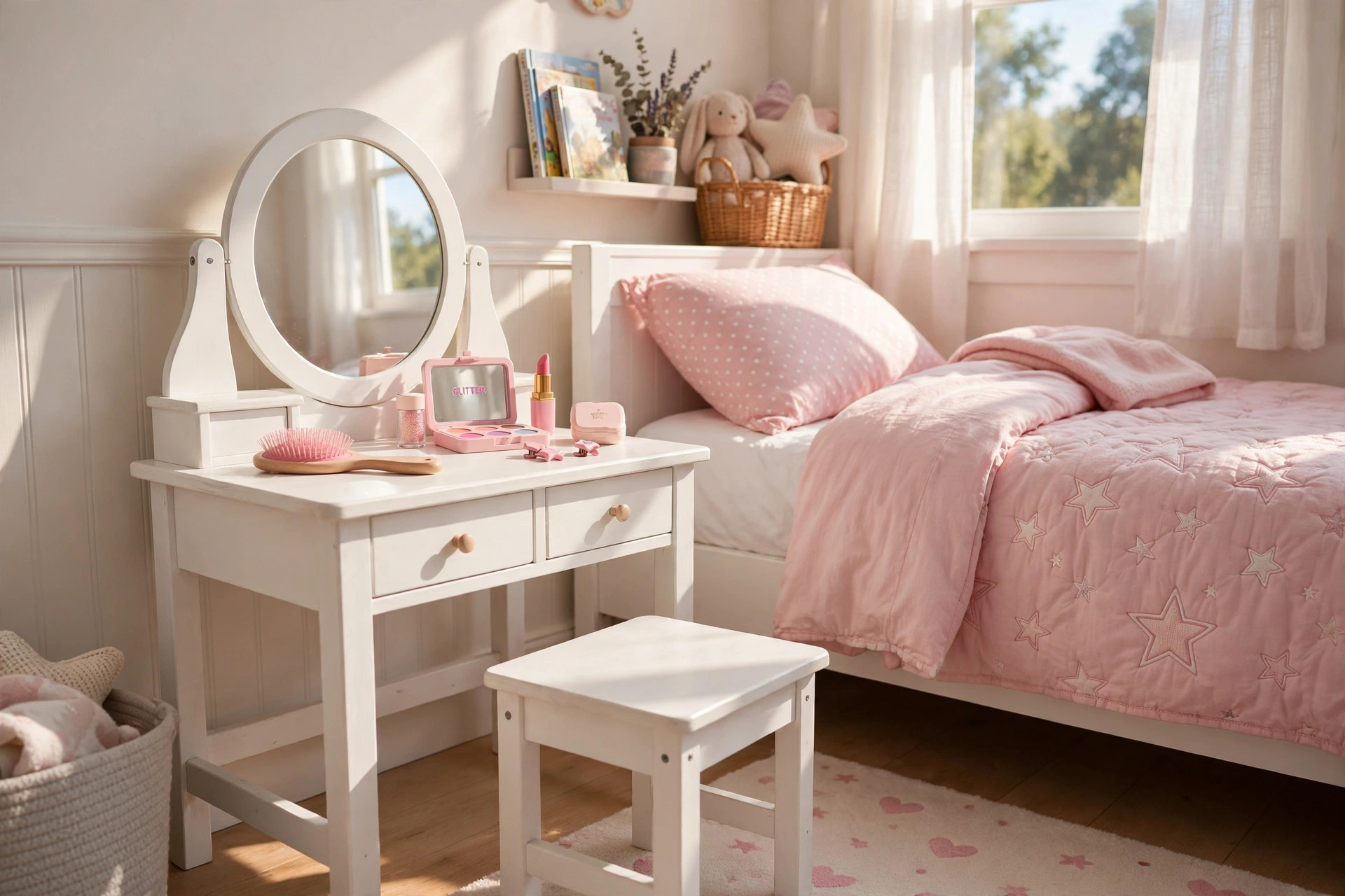 A kids vanity table with stool for makeup in a bright child's bedroom