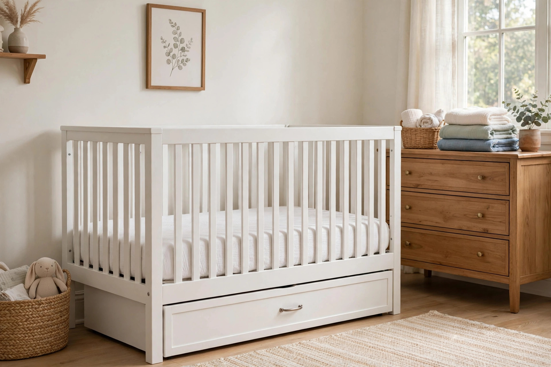 Nursery crib with drawer underneath storage in a bright American nursery