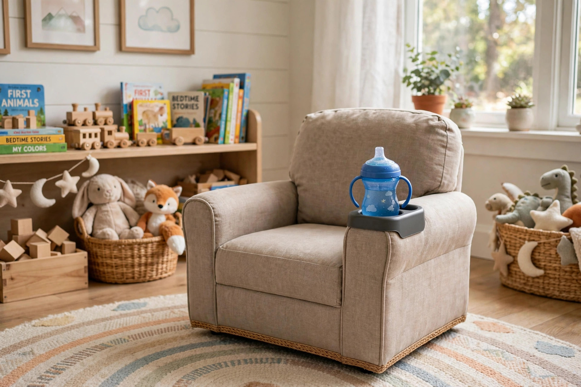 Toddler chair with cup holder for snacks in a bright playroom