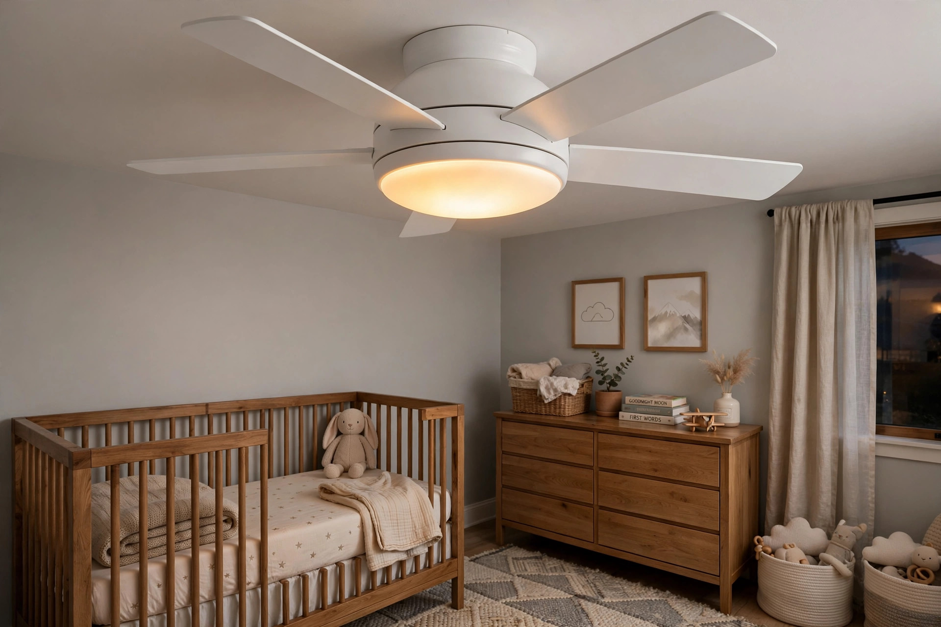 Nursery ceiling fan with light for air circulation in a baby room