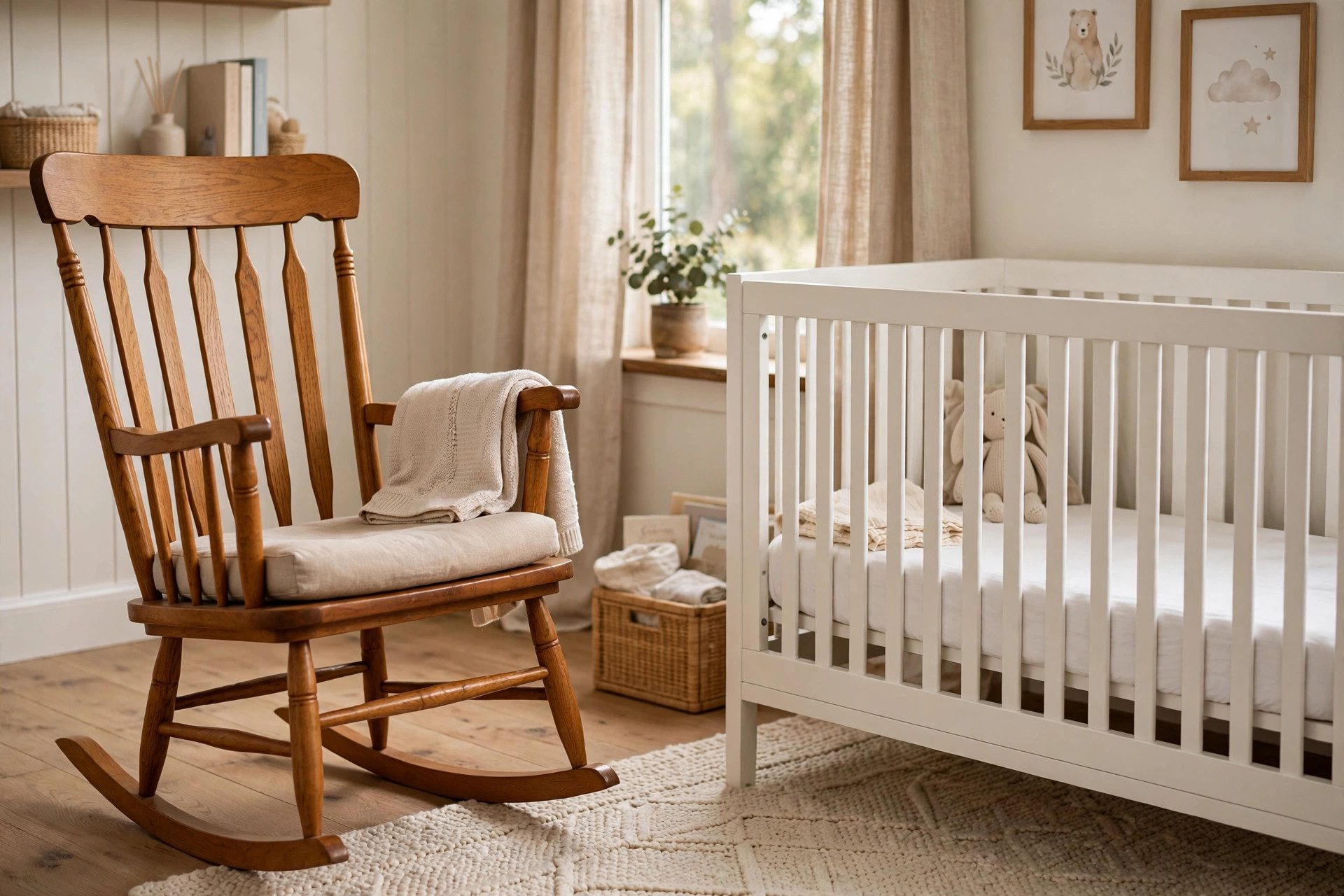 A nursery rocking chair wooden for classic look in warm oak beside a white crib