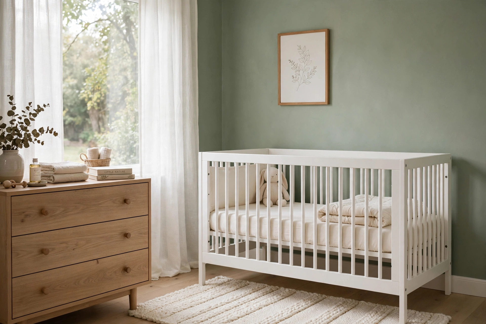 Soft sage green nursery walls with white crib, nursery wall paint color ideas for calm sleep