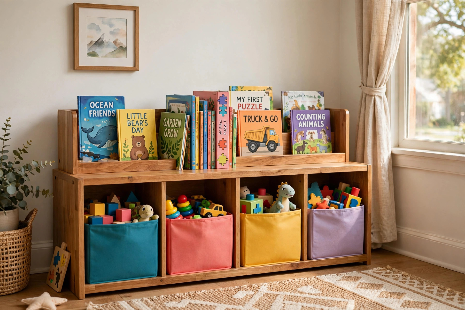 Kids bookshelf with toy bins combo unit in a child playroom