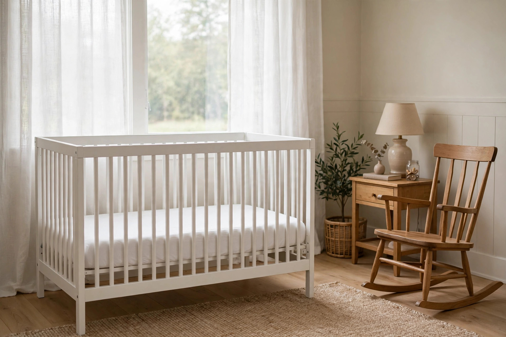 Empty white crib with flat firm mattress, the safe crib wedge for reflux sleeping position safe alternative