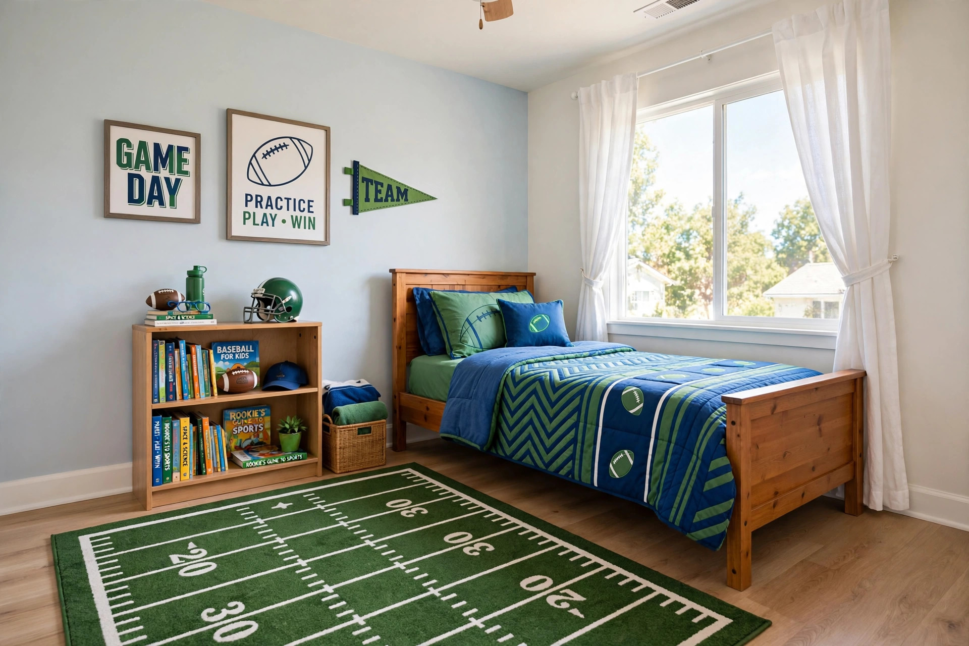 A kids room rug for boys sports theme in a bright bedroom