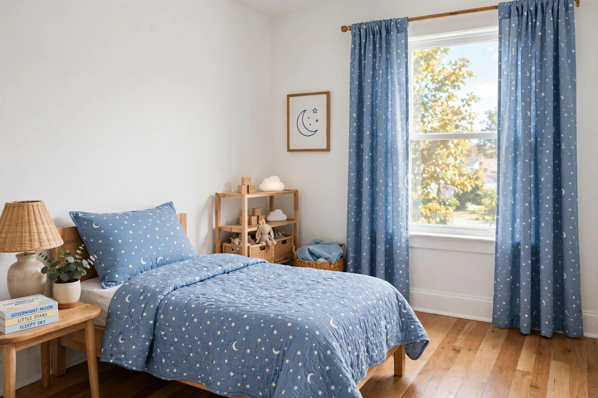 A toddler bedding set with curtains matching in a bright child's bedroom