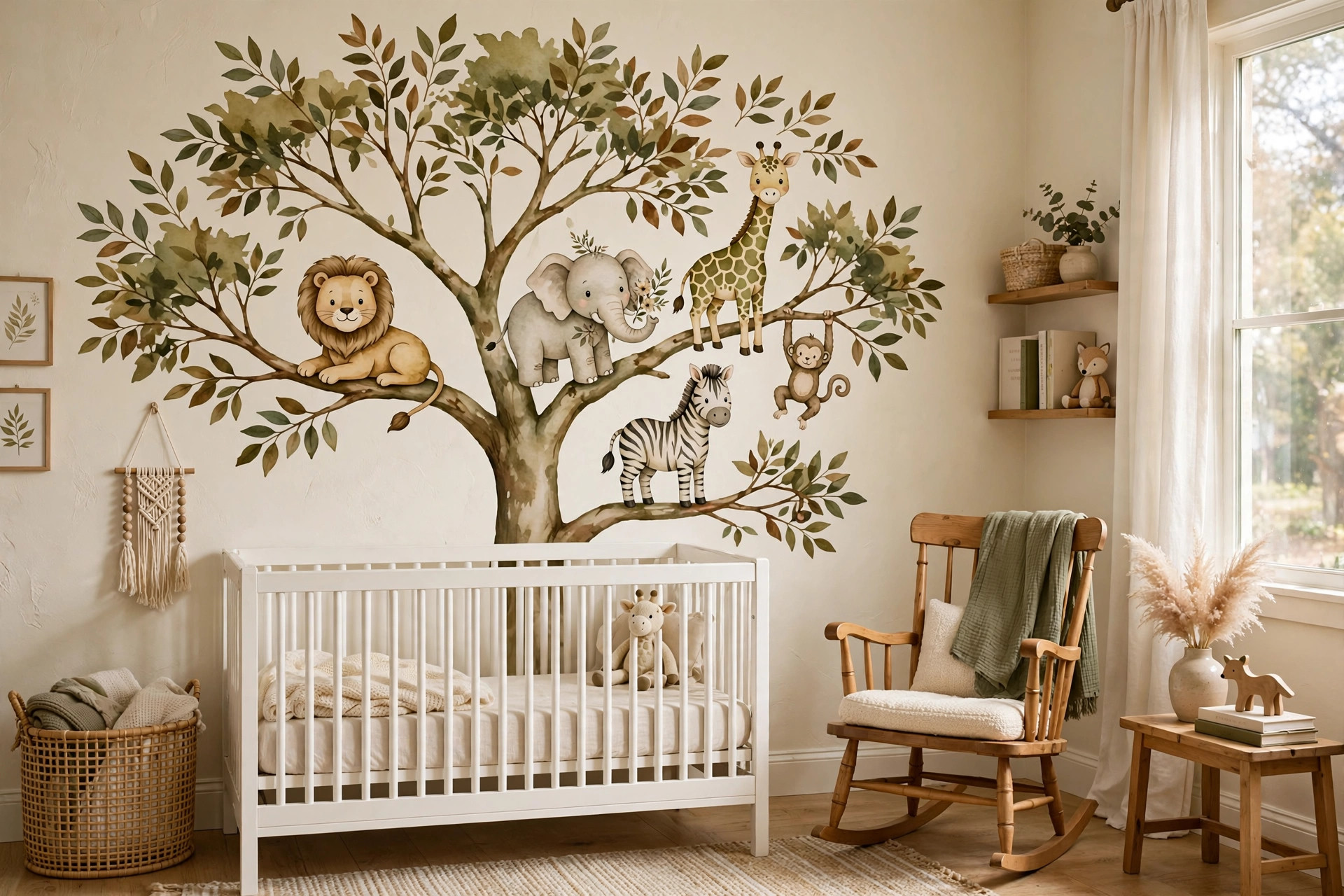 Nursery wall decal tree with animals safari on a baby room wall