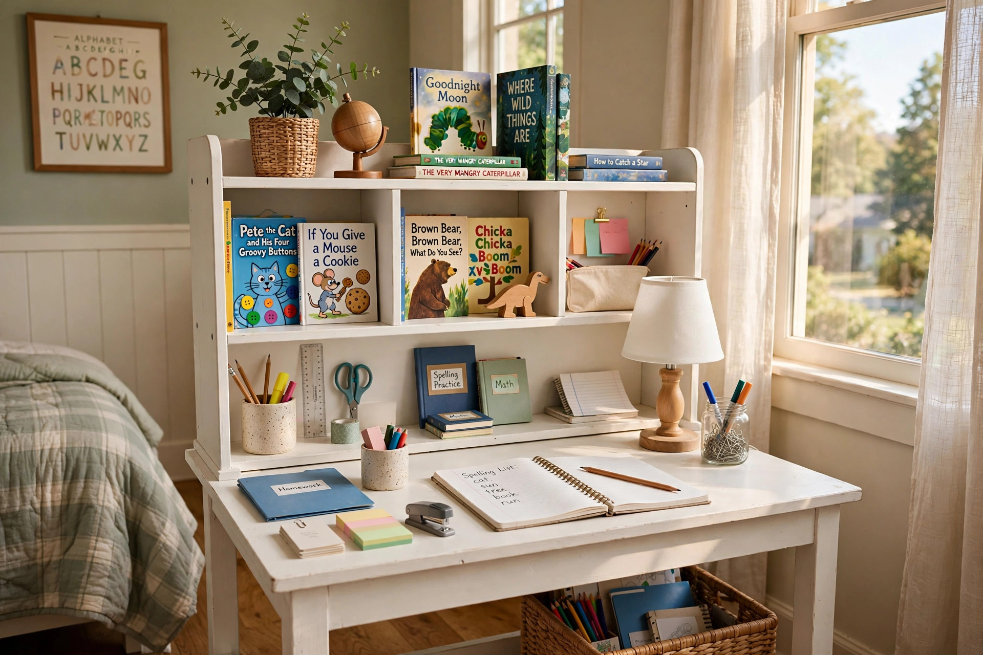 Kids study table with bookshelf attached in a child's bedroom