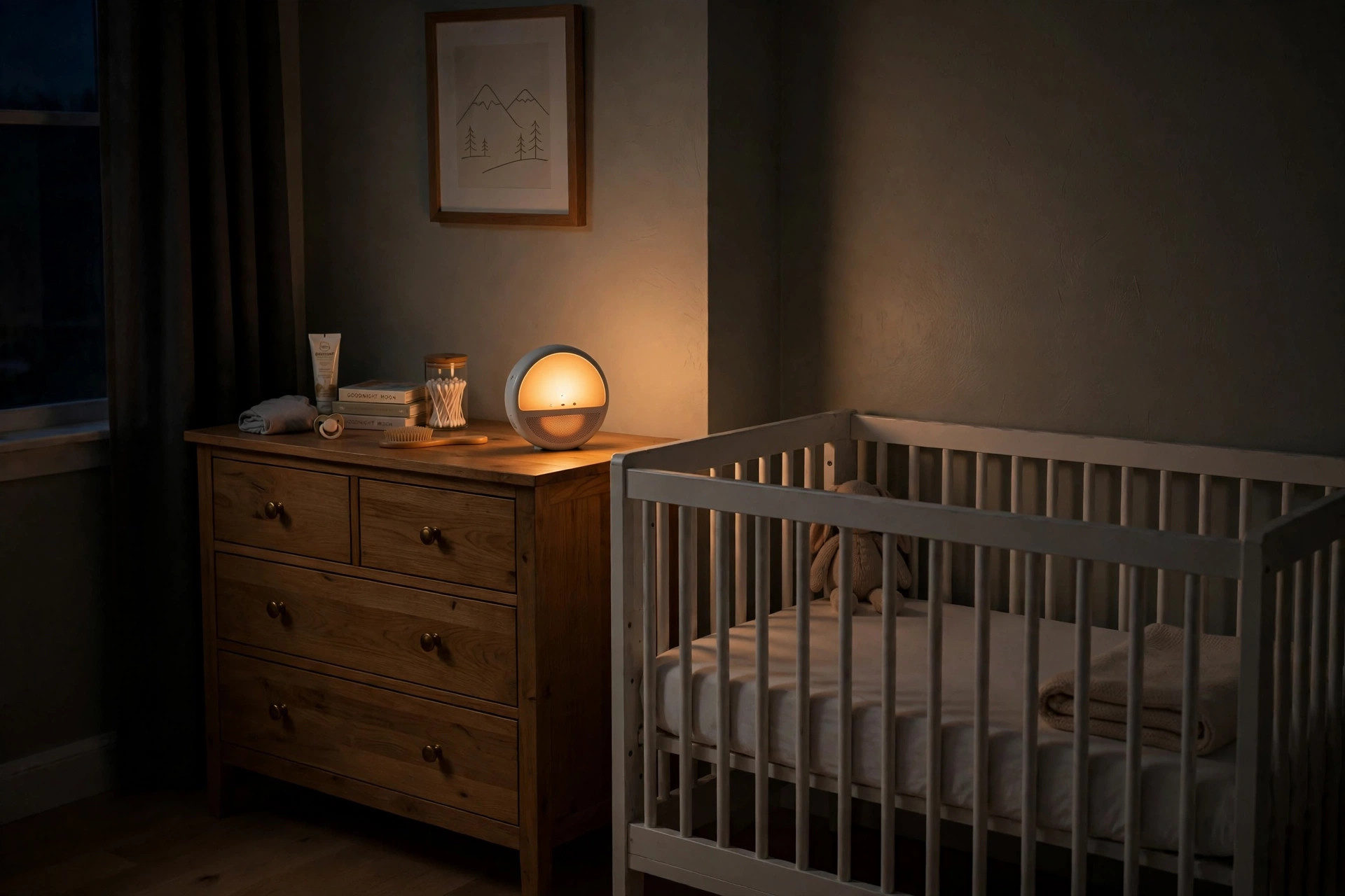 best nursery night light with white noise: A nursery night light with white noise glowing softly beside a crib