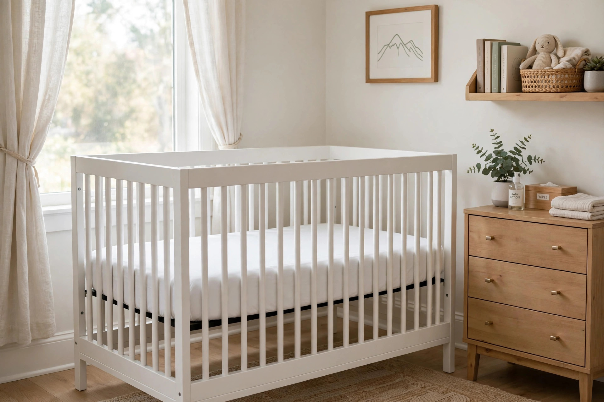 Crib mattress firm for safe infant sleep shown in a bright nursery