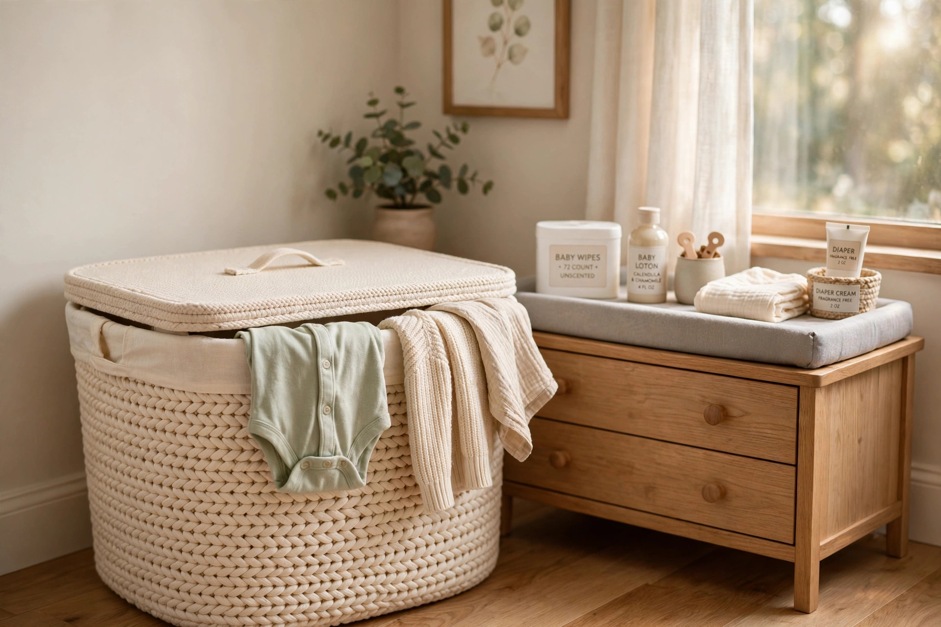 nursery hamper with lid for odor control in a baby's room