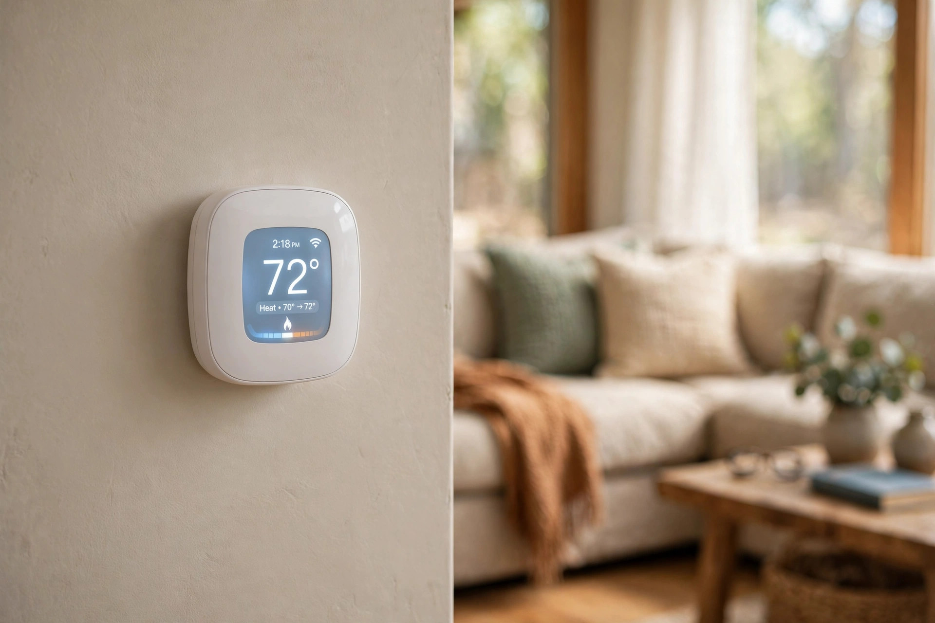 wifi thermostat for vacation home reviews usa: A WiFi thermostat for a vacation home mounted on a living room wall
