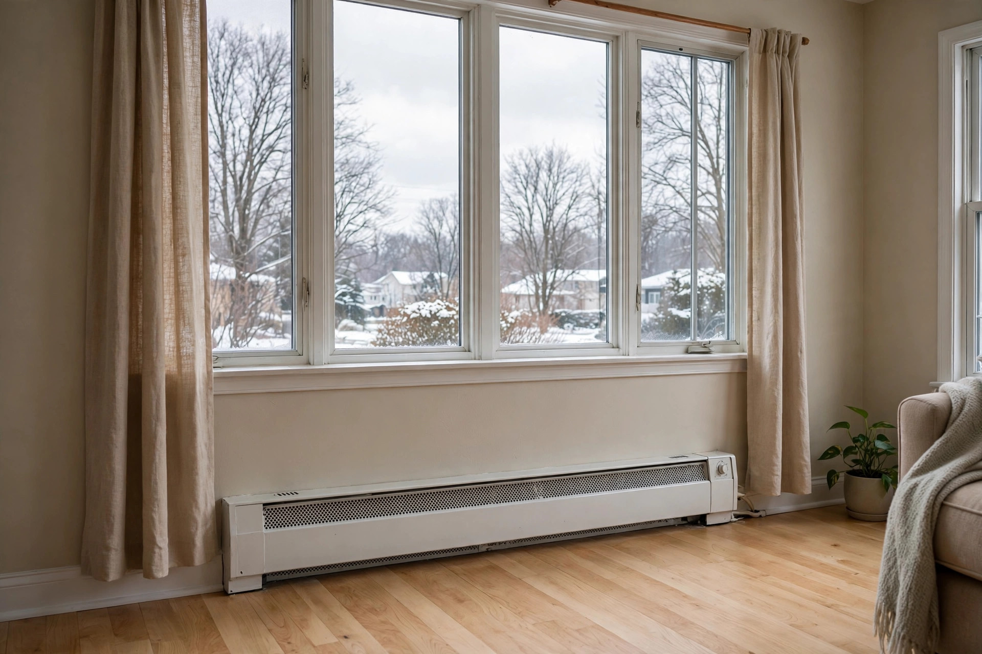 Electric baseboard heater under a window in a living room, electric baseboard heat cost per month usa