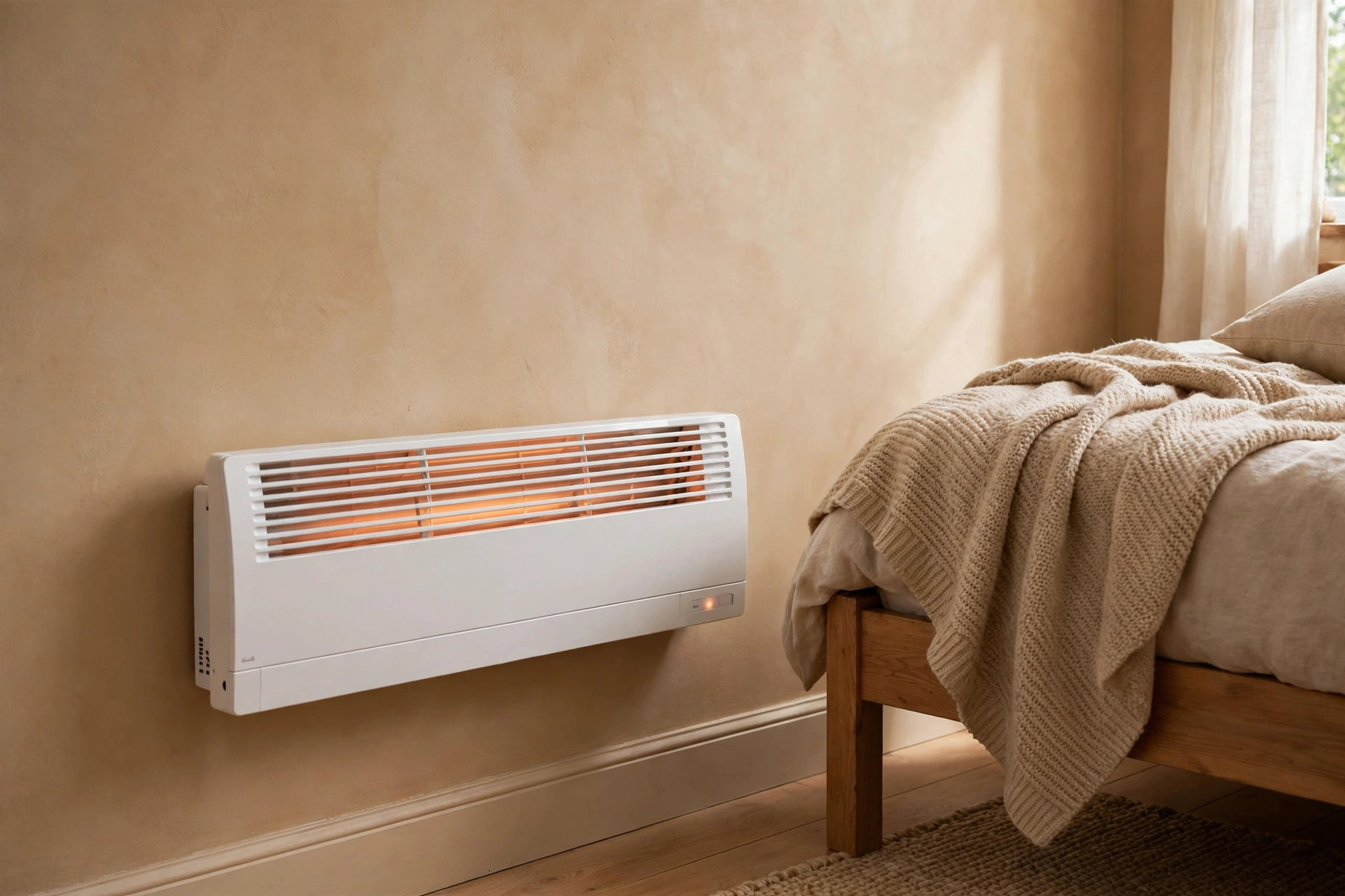 Best electric wall heater reviews 2026 usa: a sleek white electric wall heater mounted on a bedroom wall