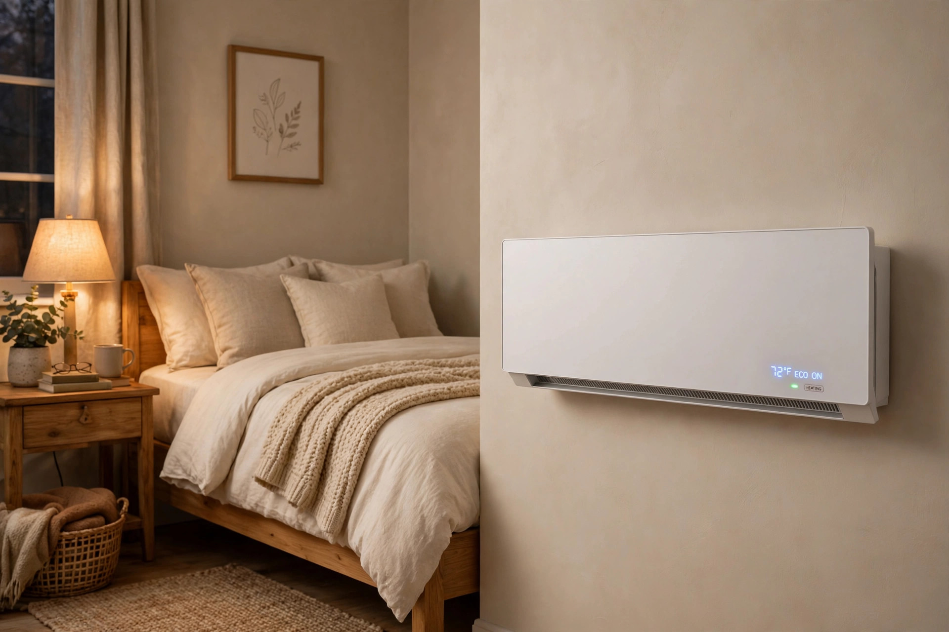 infrared wall heater reviews for bedrooms: Infrared wall panel heater mounted in a bedroom