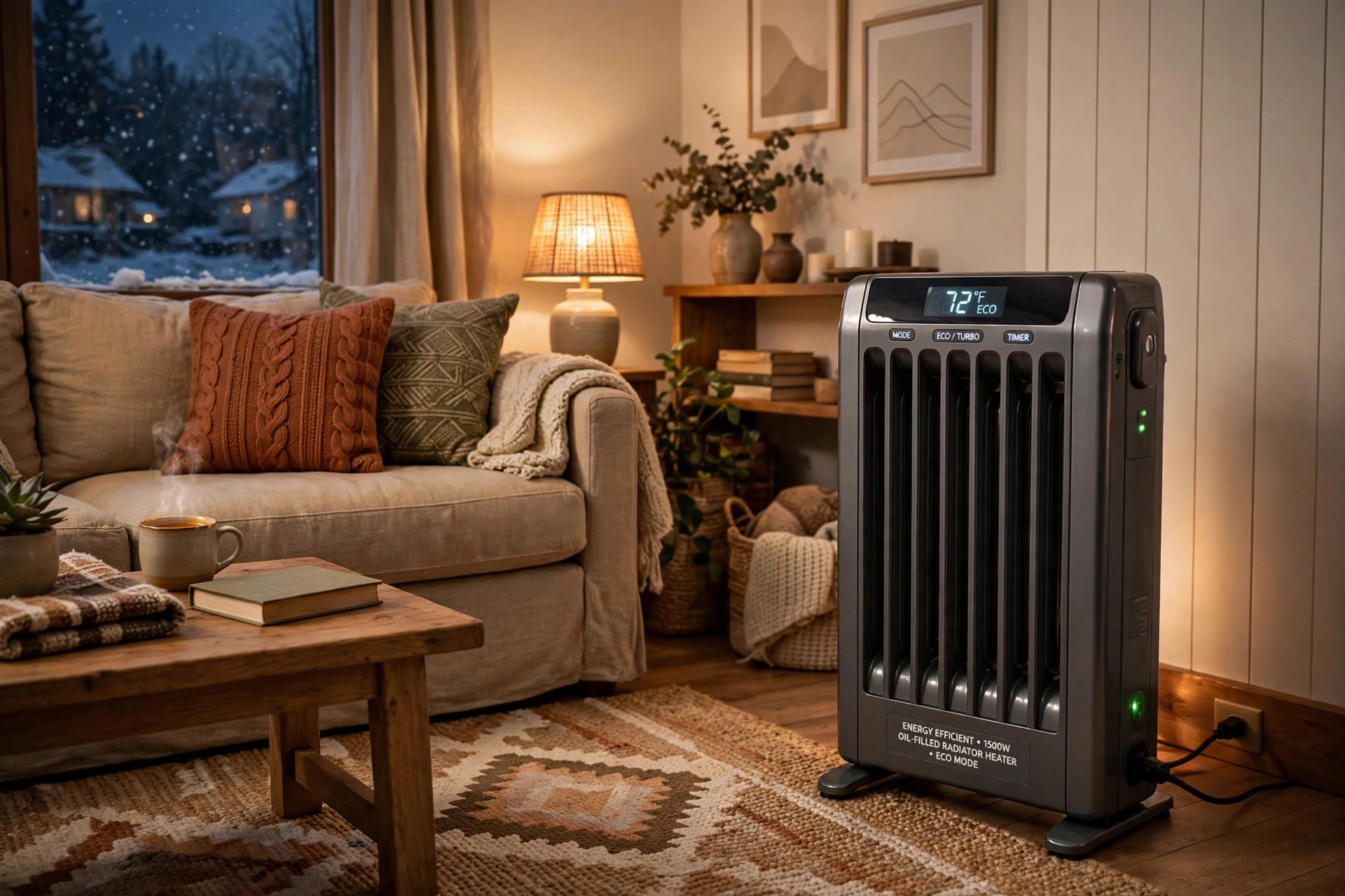 most energy efficient space heater 2026 usa: Energy efficient space heater warming a cozy American living room