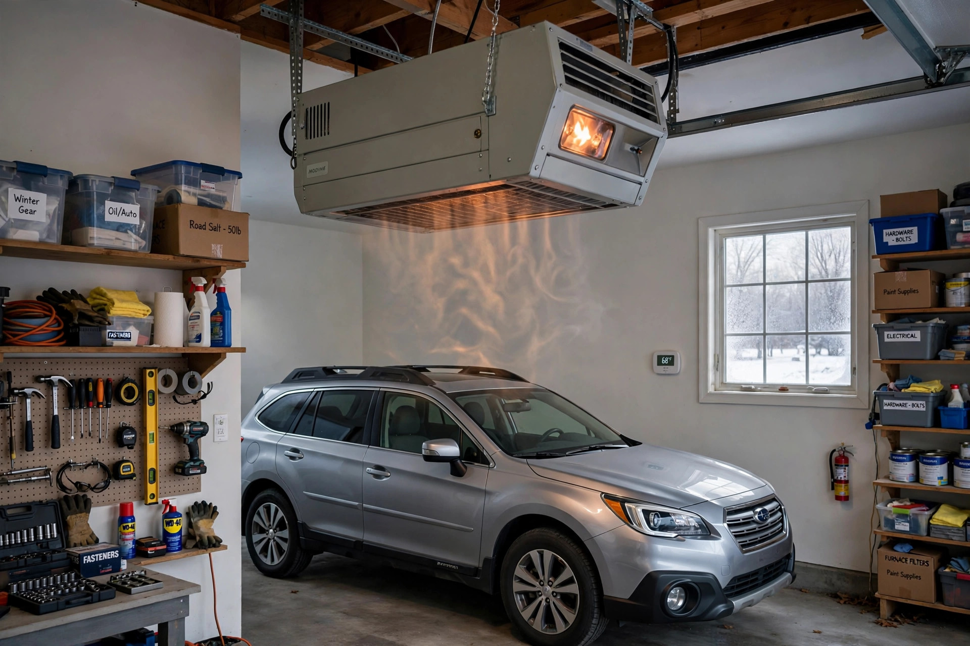 gas garage heater installation cost usa: A ceiling-mounted gas unit heater warming a clean American garage