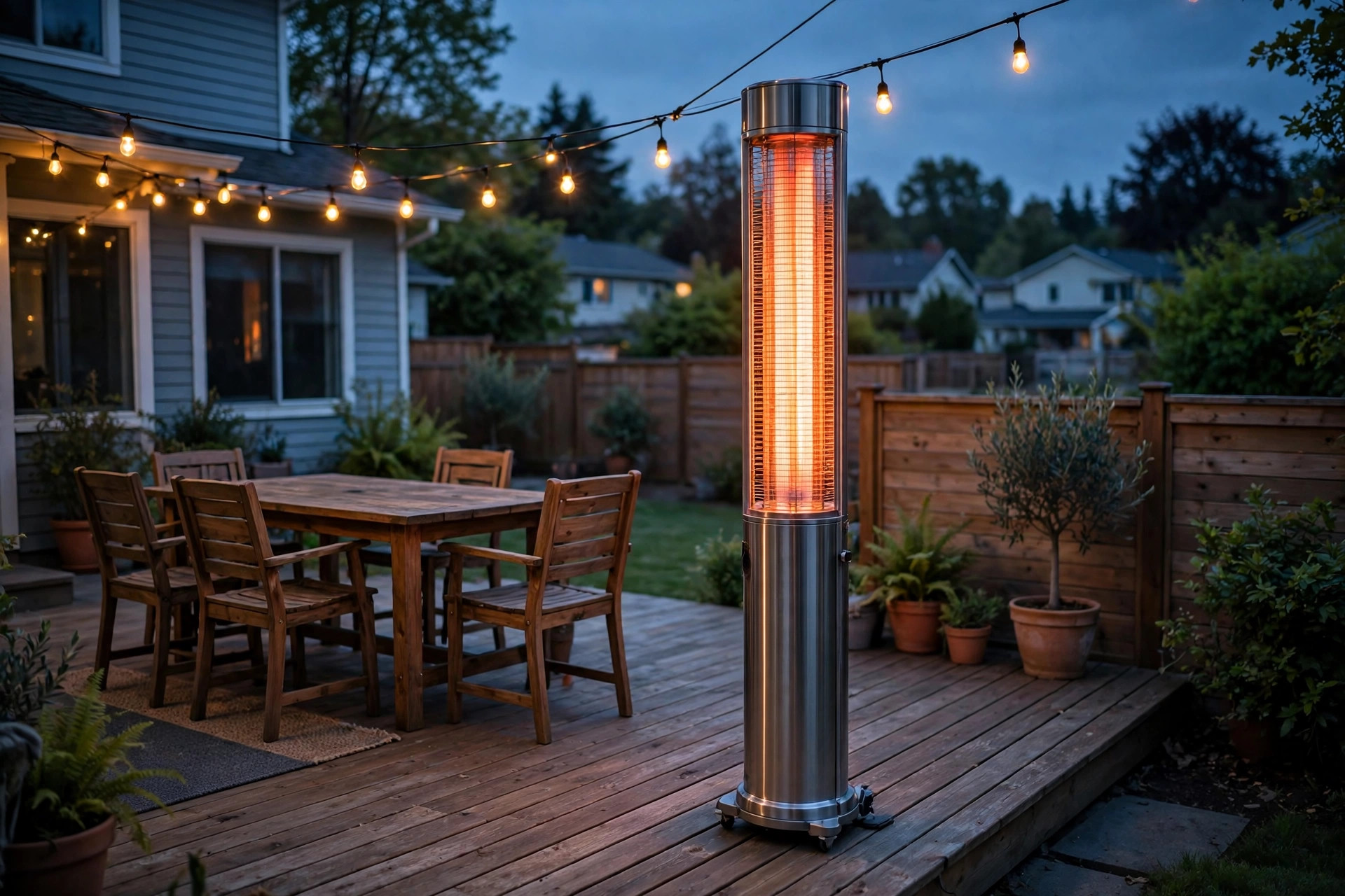 infrared patio heater reviews 2026 usa: Infrared patio heater warming an American backyard patio