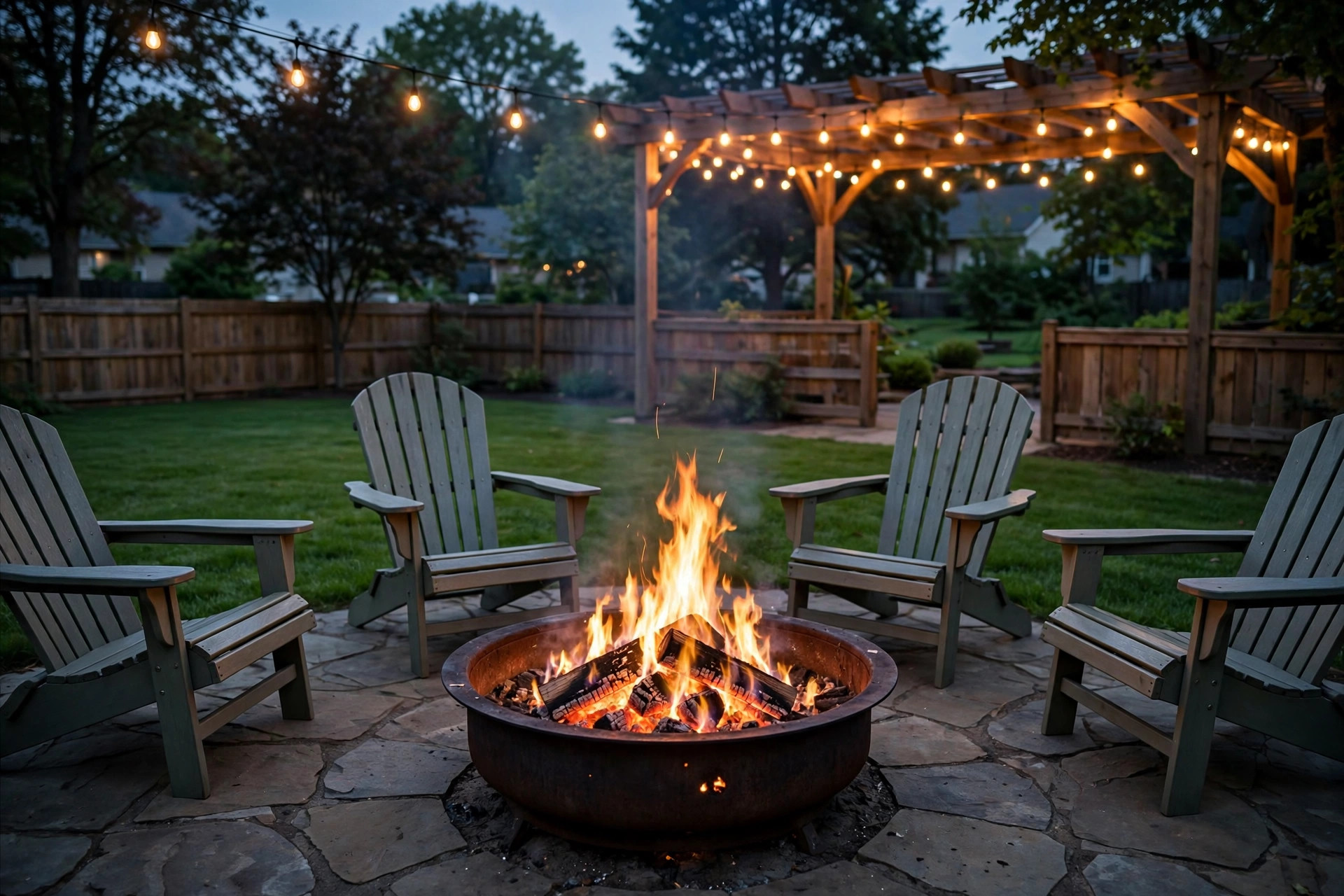 best fire pit for backyard reviews usa: A fire pit burning in an American backyard at dusk