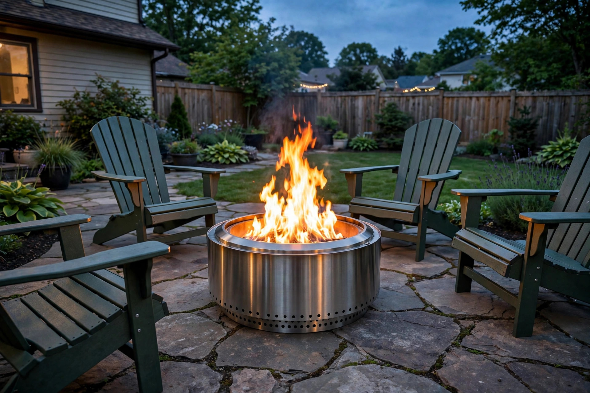 smokeless fire pit reviews 2026 usa: Smokeless fire pit with a clean-burning flame in an American backyard at dusk