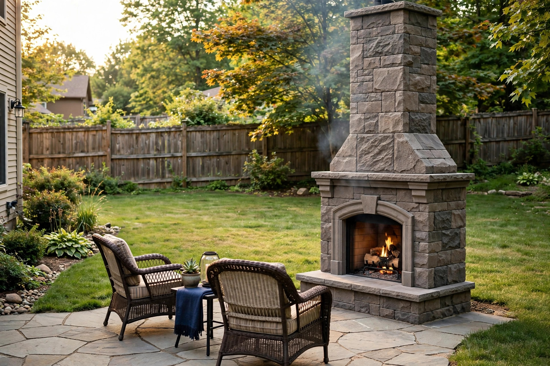 best outdoor fireplace kits for sale usa: Stone outdoor fireplace kit installed in an American backyard