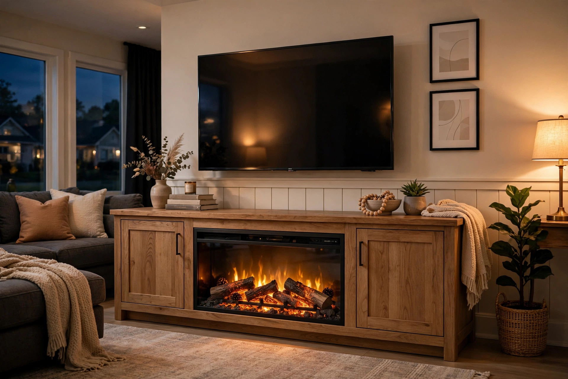 Electric fireplace TV stand in a living room - best electric fireplace tv stand reviews usa