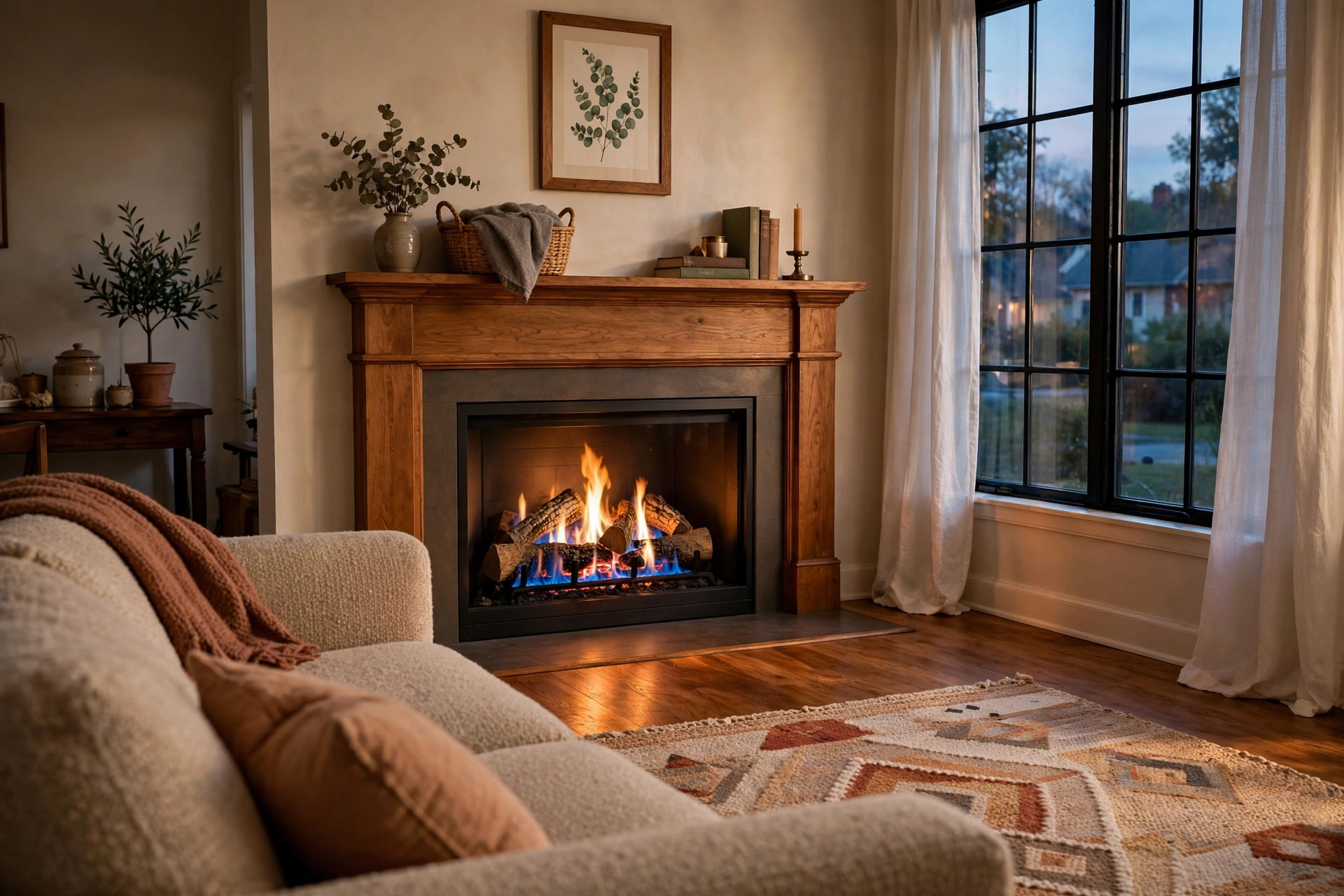 best ventless gas fireplace reviews usa: A ventless gas fireplace glowing in a cozy American living room