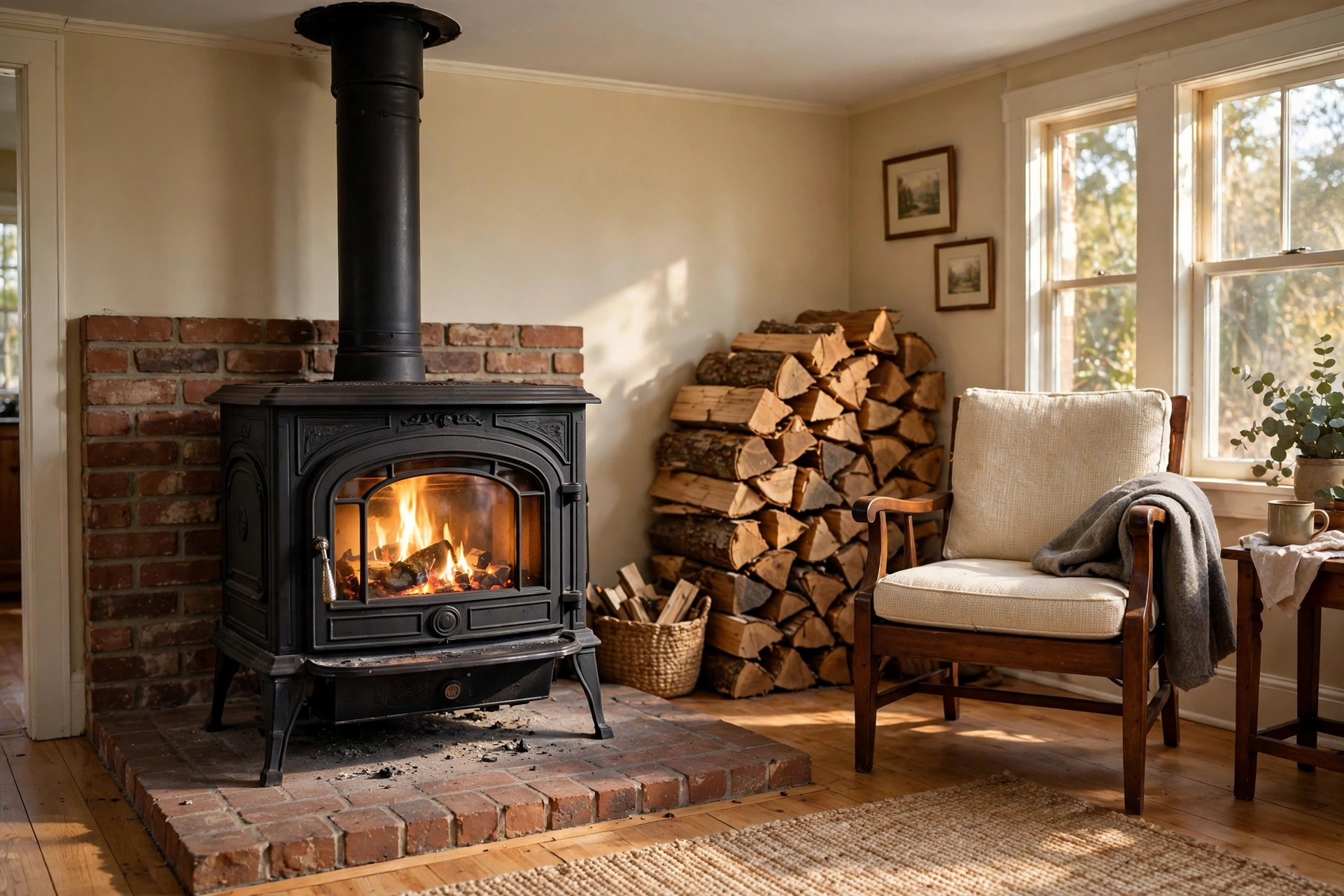 Cast iron wood stove heating a living room (wood stove installation cost near me)