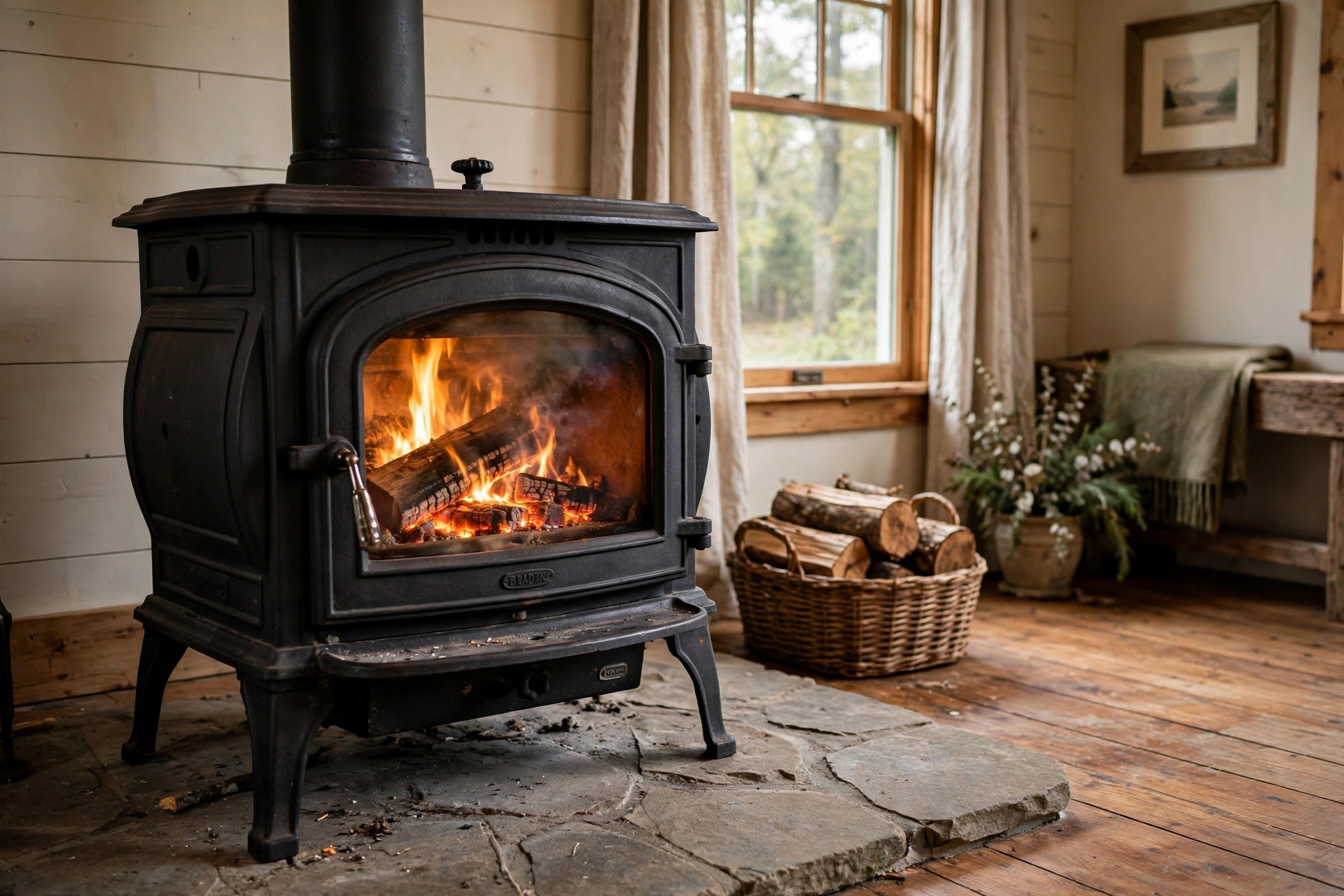 Cast iron wood stove heating a living room, best wood stove for 2000 sq ft reviews