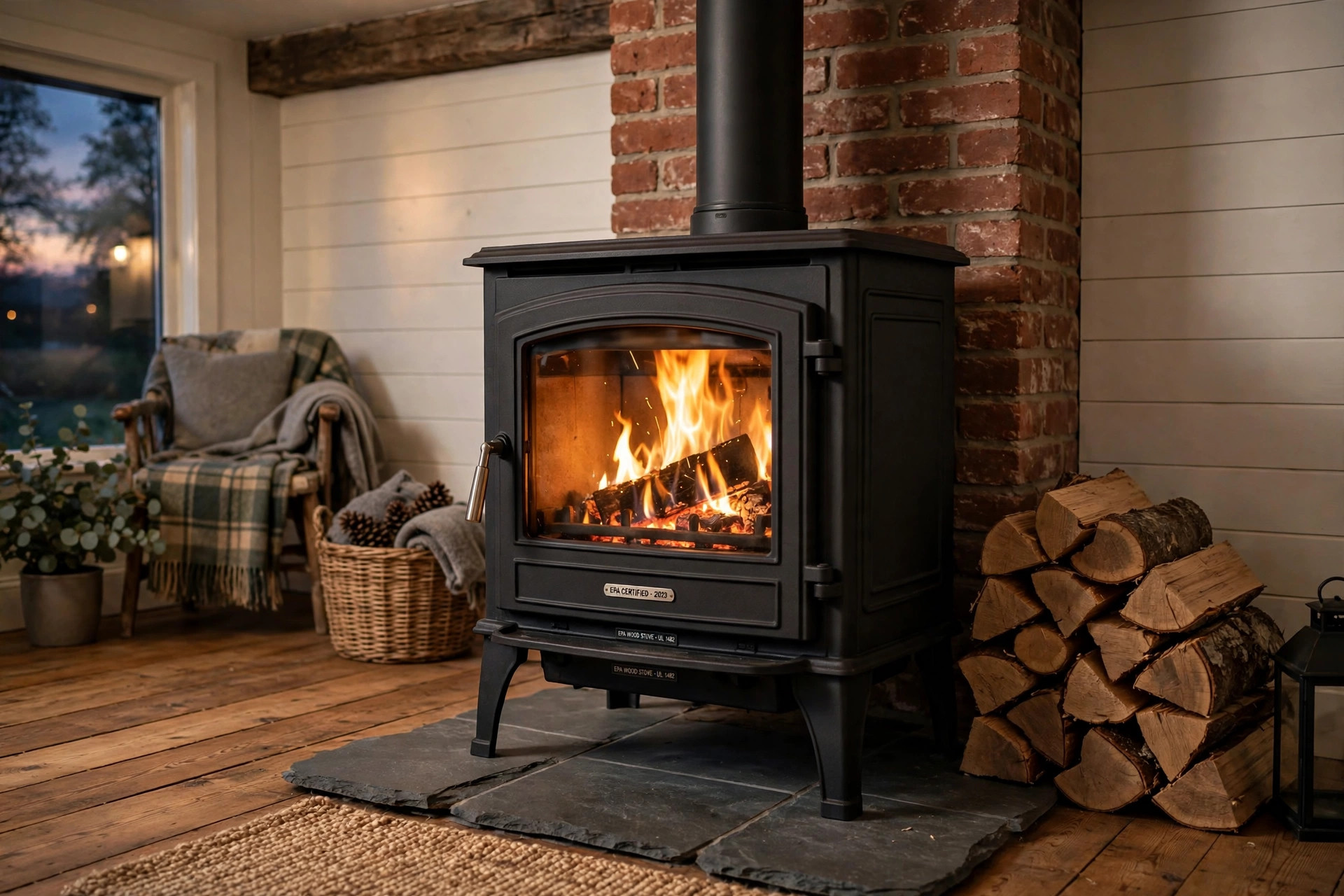 epa certified wood stove reviews 2026 usa: EPA certified wood stove burning cleanly in a cozy living room