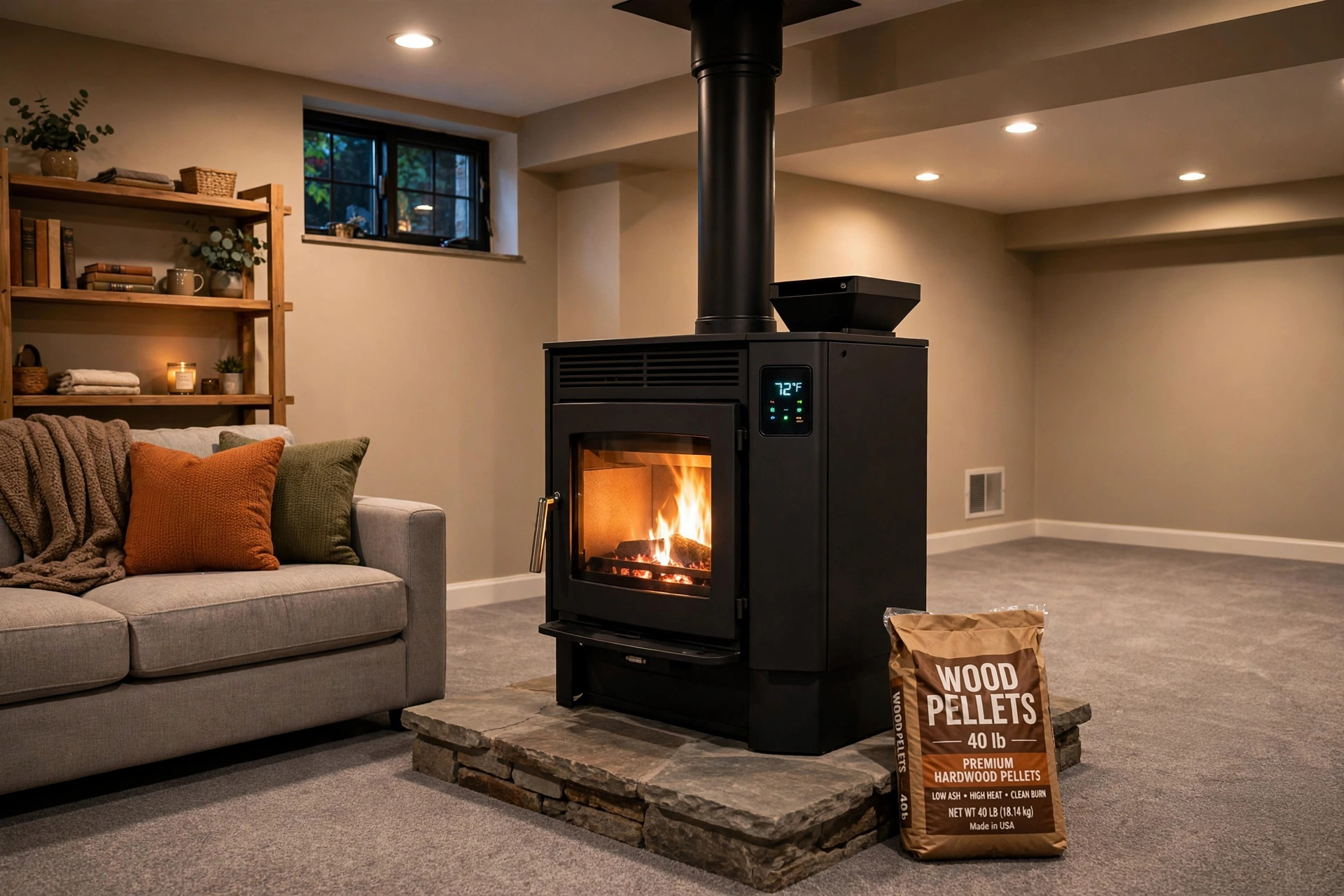 best pellet stove for basement reviews usa: Pellet stove in a finished basement heating a family room