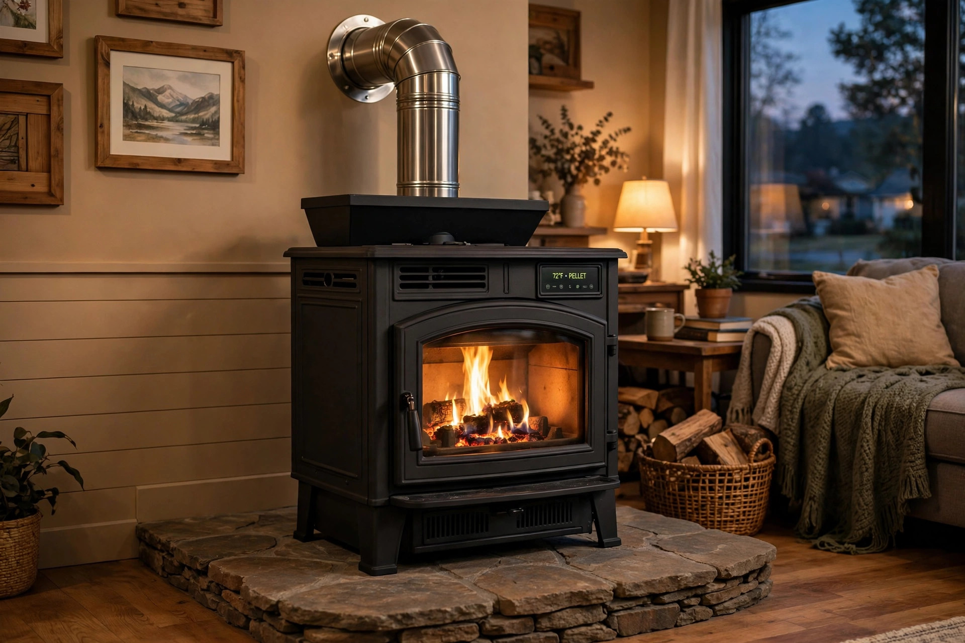 A pellet stove in an American living room showing pellet stove installation cost near me
