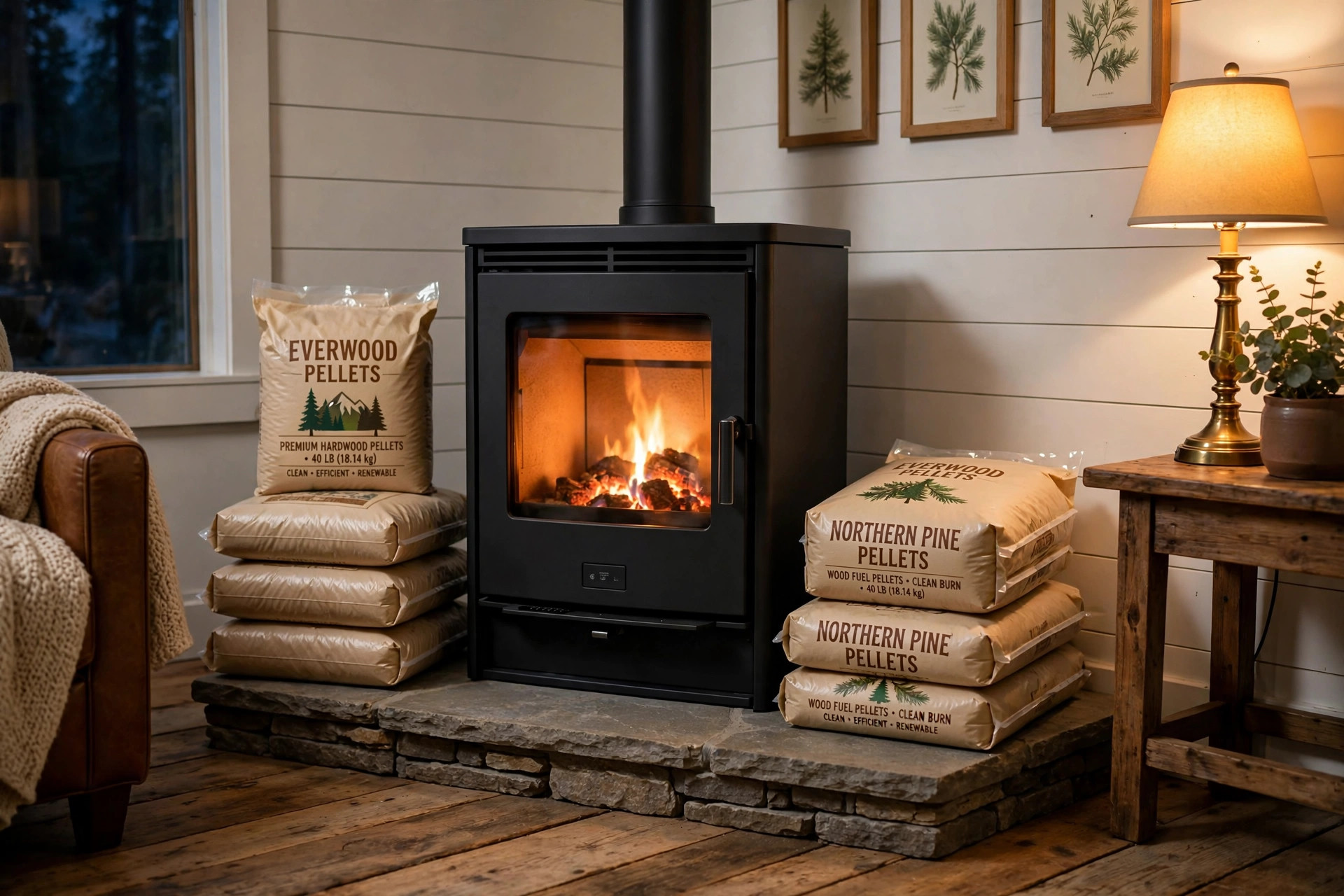 Bags of wood pellets beside a pellet stove showing how much do wood pellets cost usa 2026