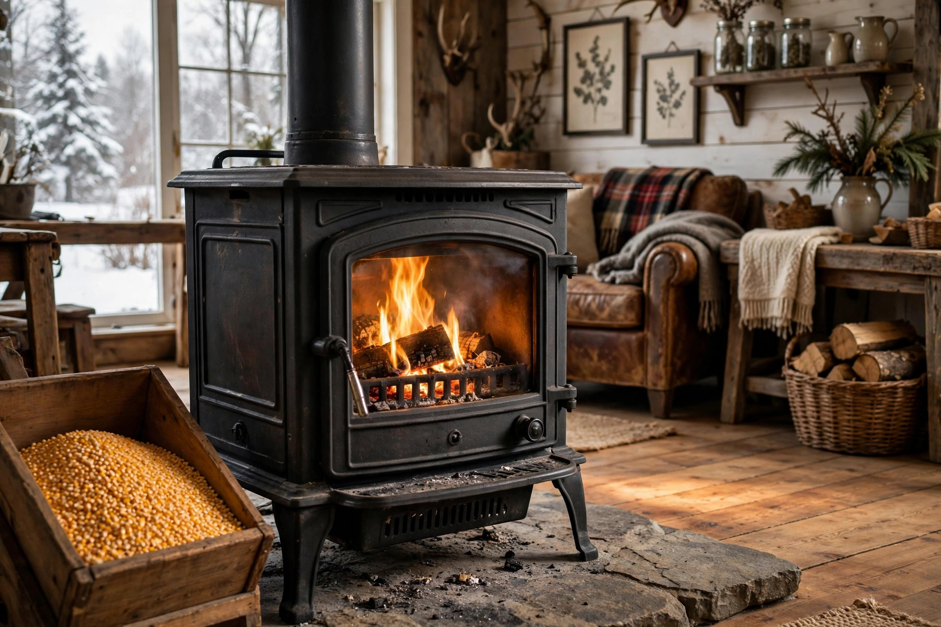 best corn stove for home heating reviews: A corn stove burning in a farmhouse living room