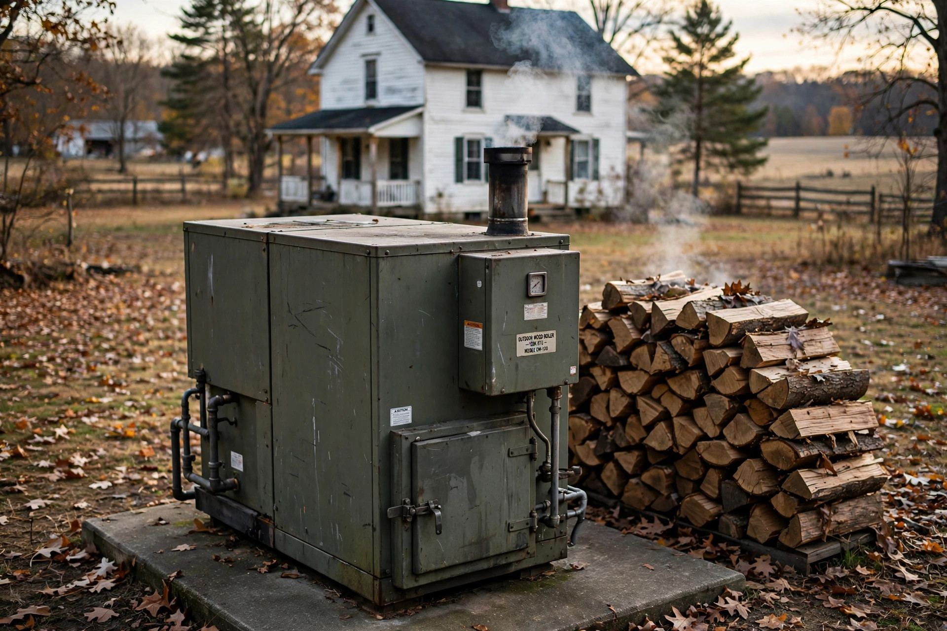 outdoor wood boiler cost installed usa: Outdoor wood boiler in a rural American backyard with steam from the stack