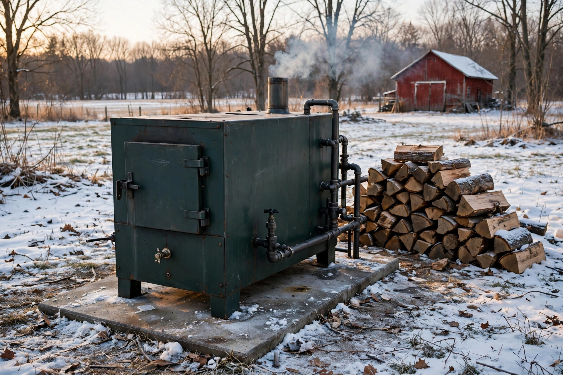 outdoor furnace for home heating reviews usa: Outdoor furnace for home heating in a snowy American backyard