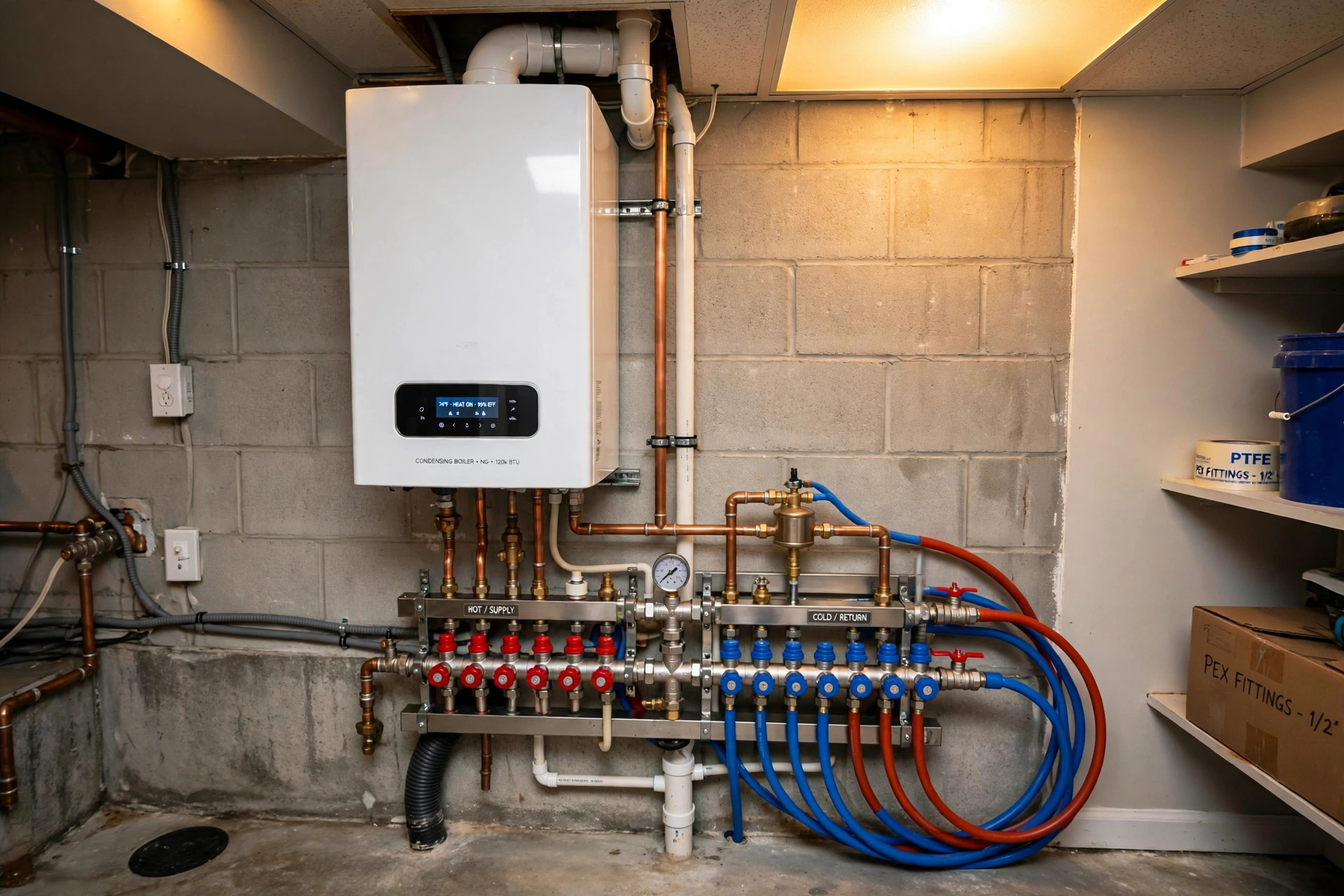 best boiler for radiant floor heat usa: A modern wall-mounted gas boiler installed in a clean American basement utility room for radiant floor heat