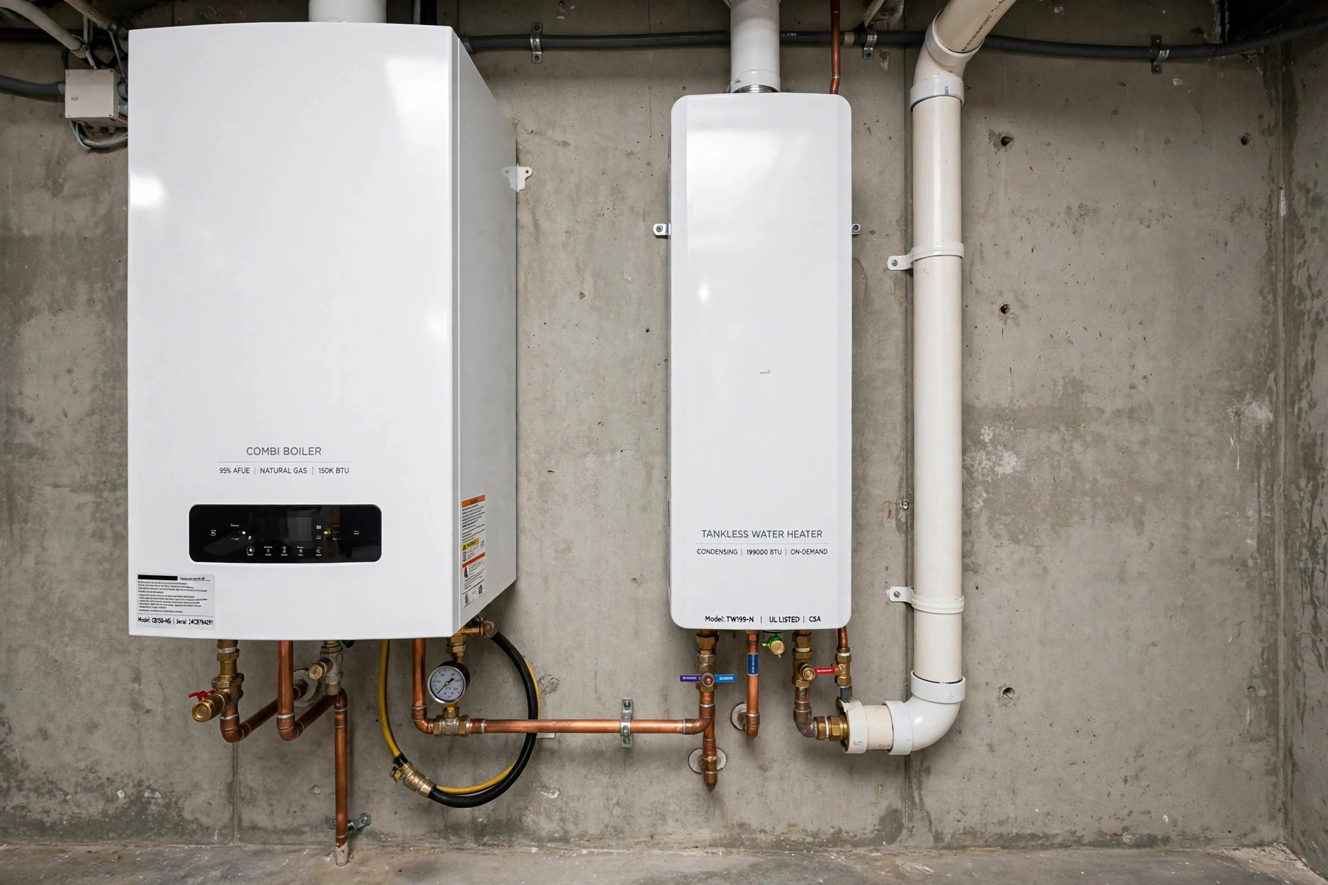 combi boiler vs tankless comparison usa: Combi boiler versus tankless water heater comparison in an American home basement
