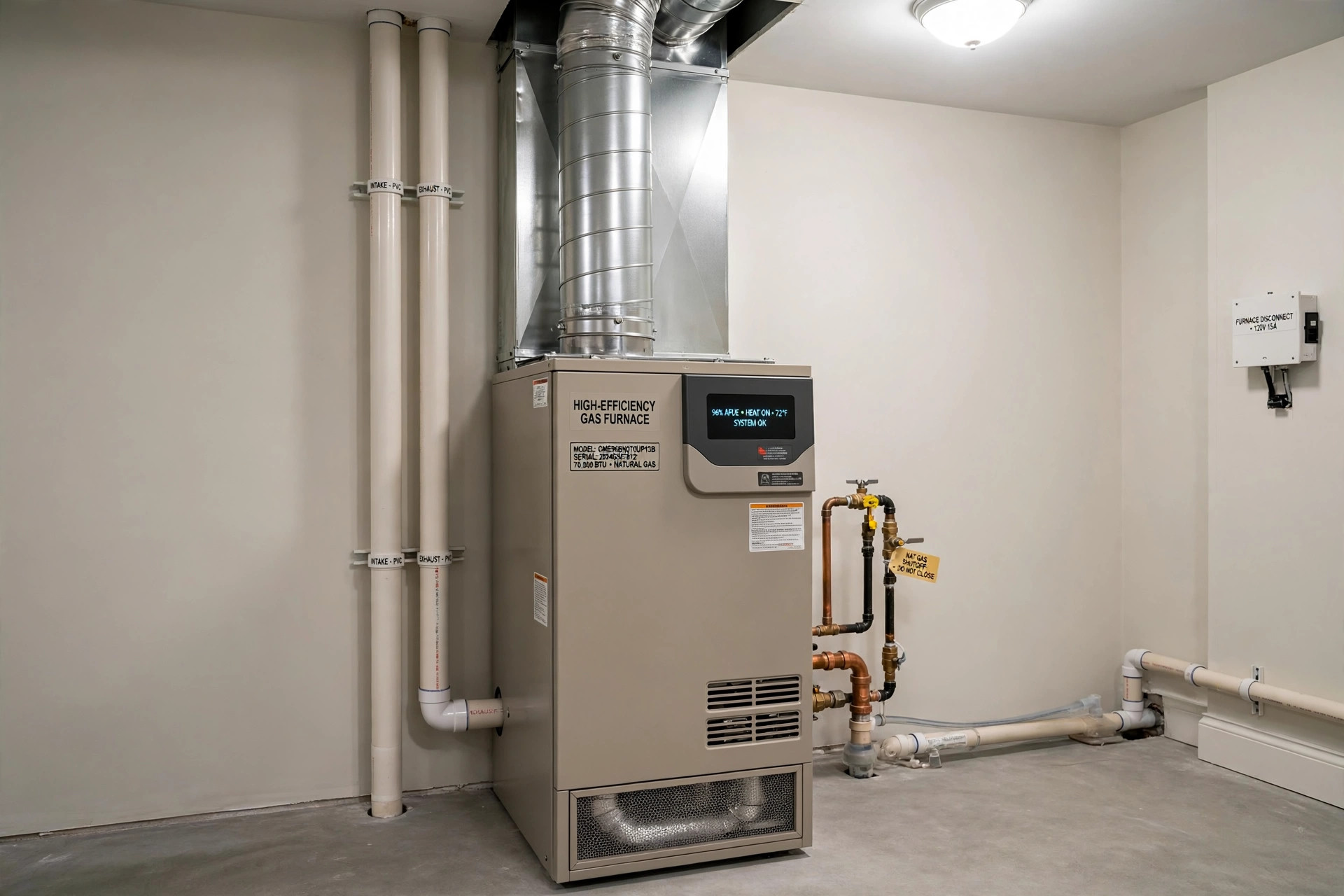 furnace replacement cost near me 2026: A new gas furnace installed in a clean American home utility room