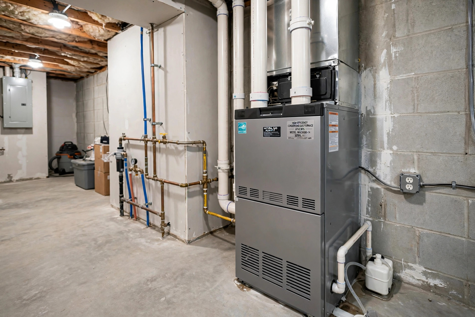 high efficiency furnace pros cons usa: A high efficiency furnace in an American basement utility room